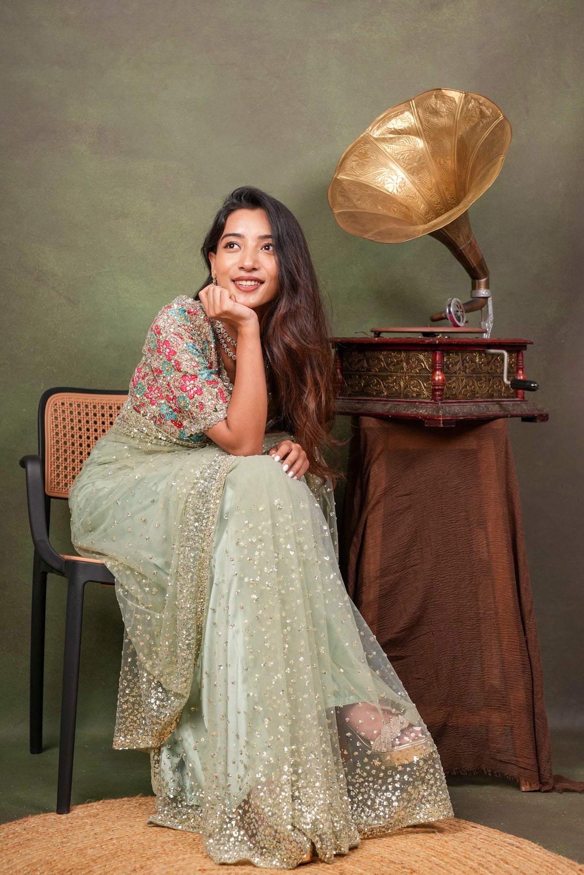 Pista Green Sequin Net Saree
