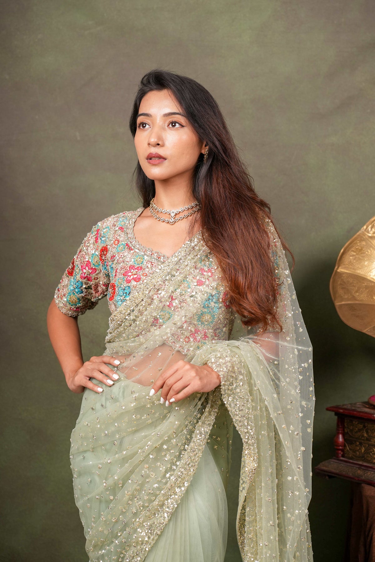 Pista Green Sequin Net Saree