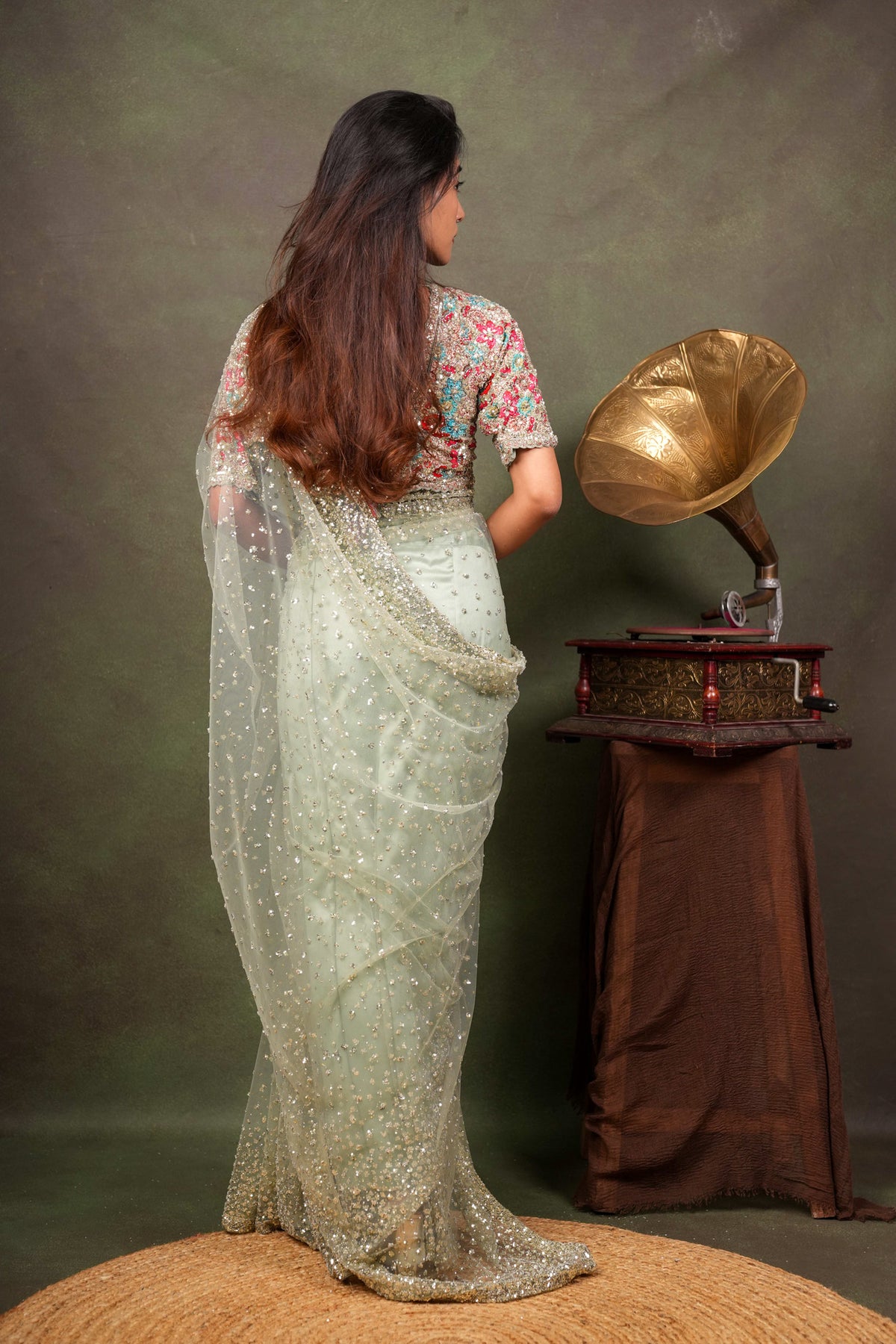 Pista Green Sequin Net Saree