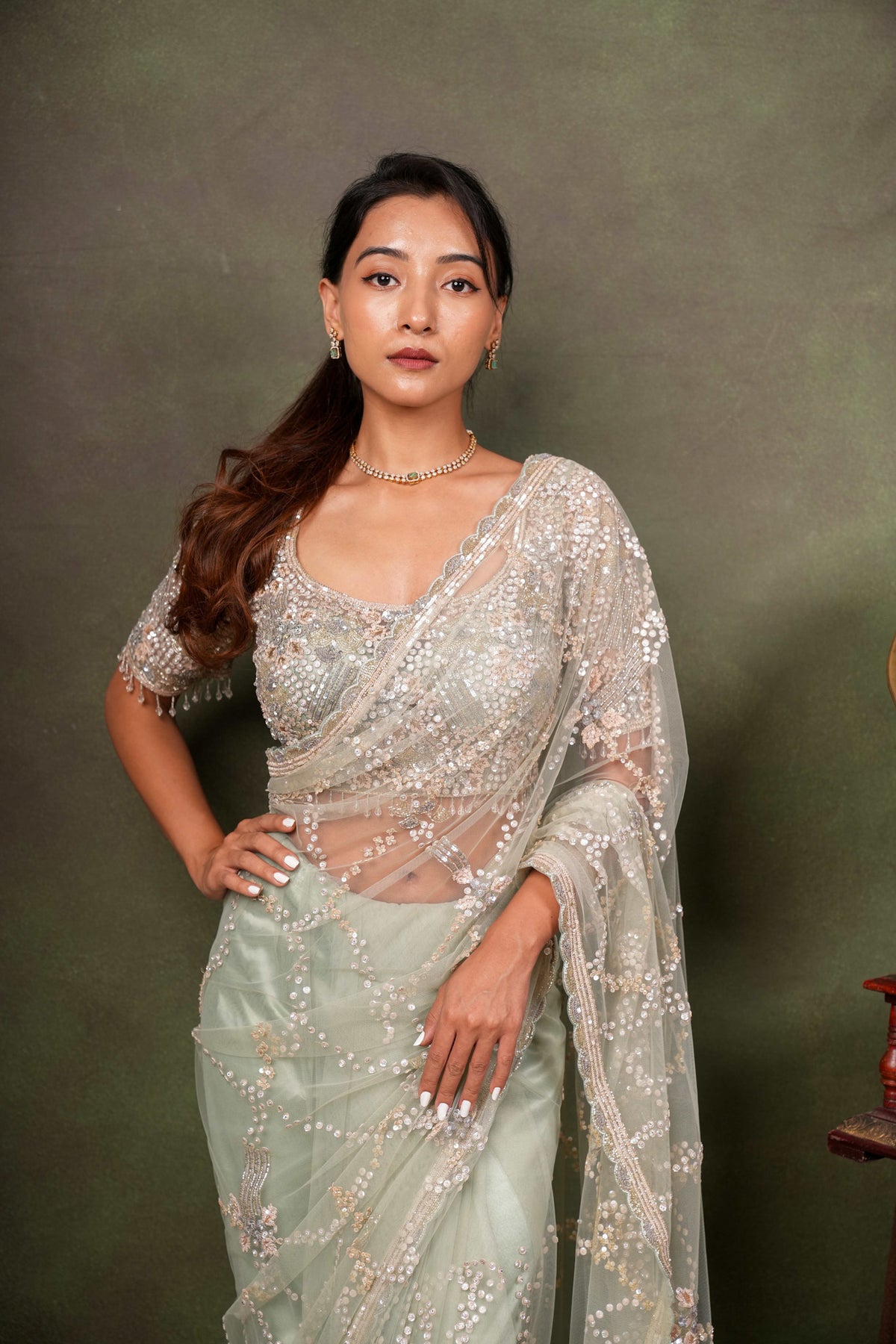 Mint Green Net Saree