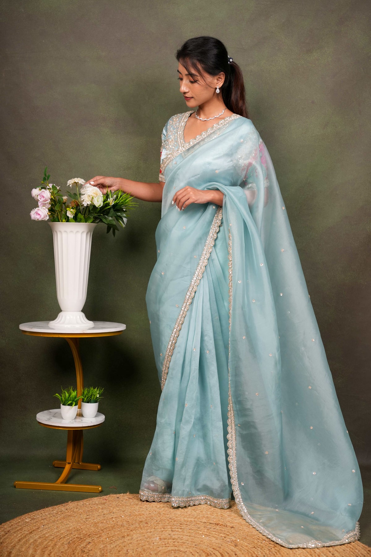 Sea Blue Organza Saree with Embellished Border