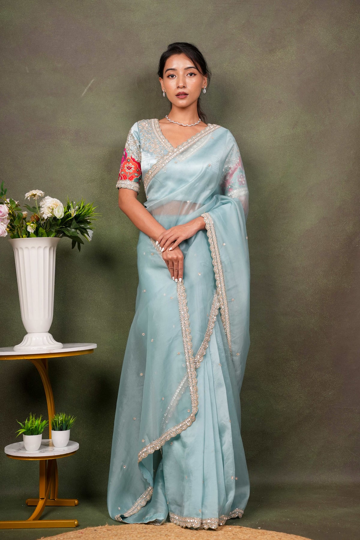 Sea Blue Organza Saree with Embellished Border