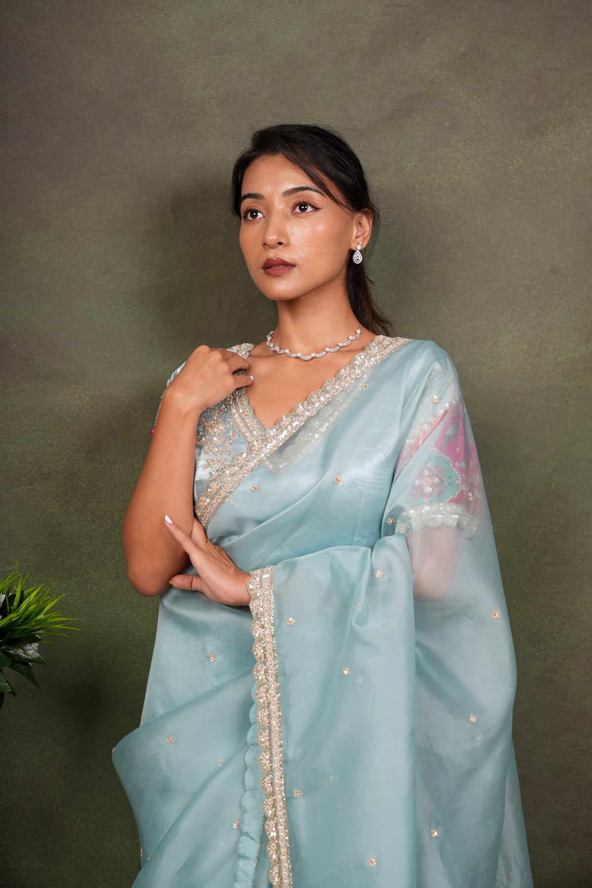 Sea Blue Organza Saree with Embellished Border