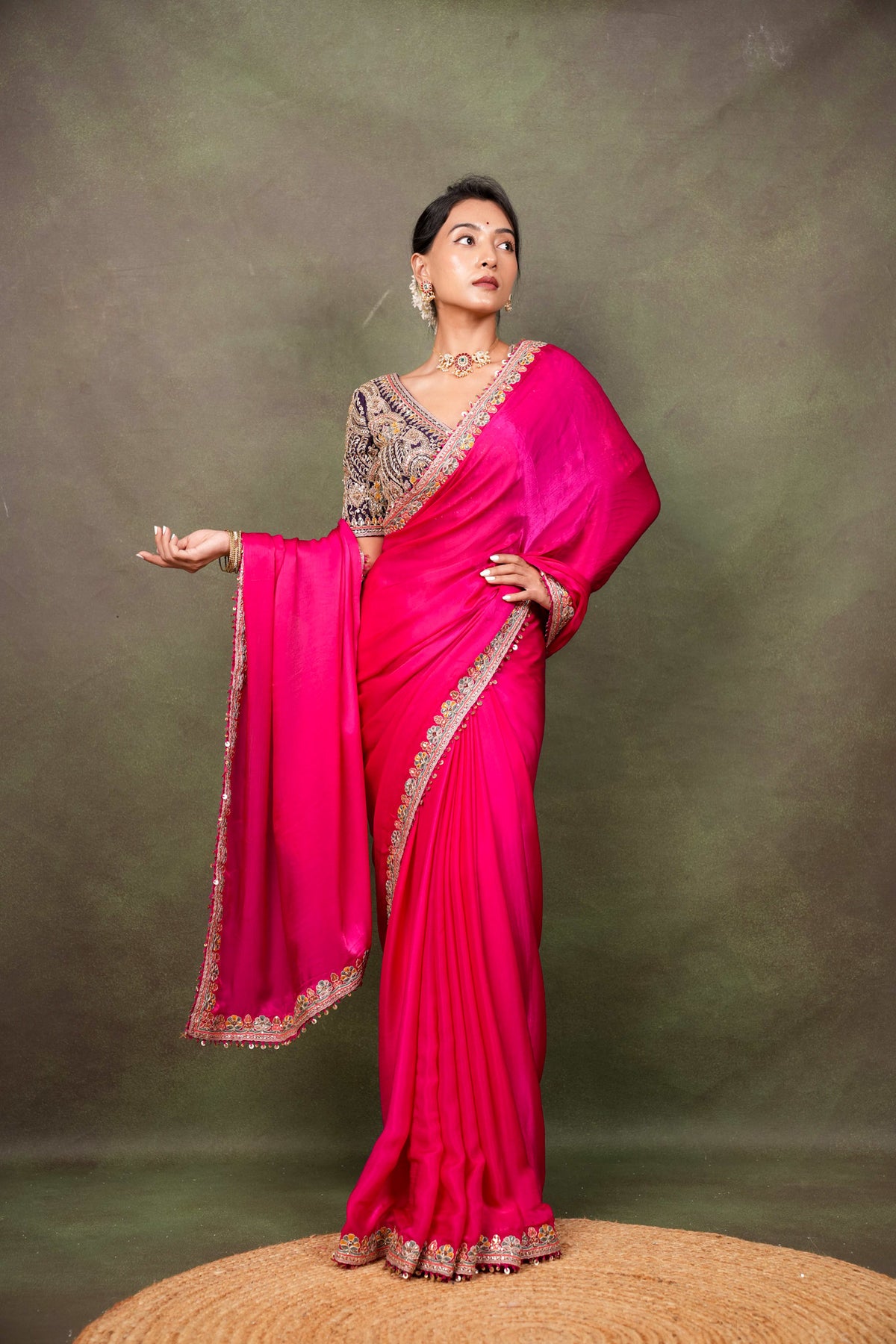 Rani Pink Satin Saree