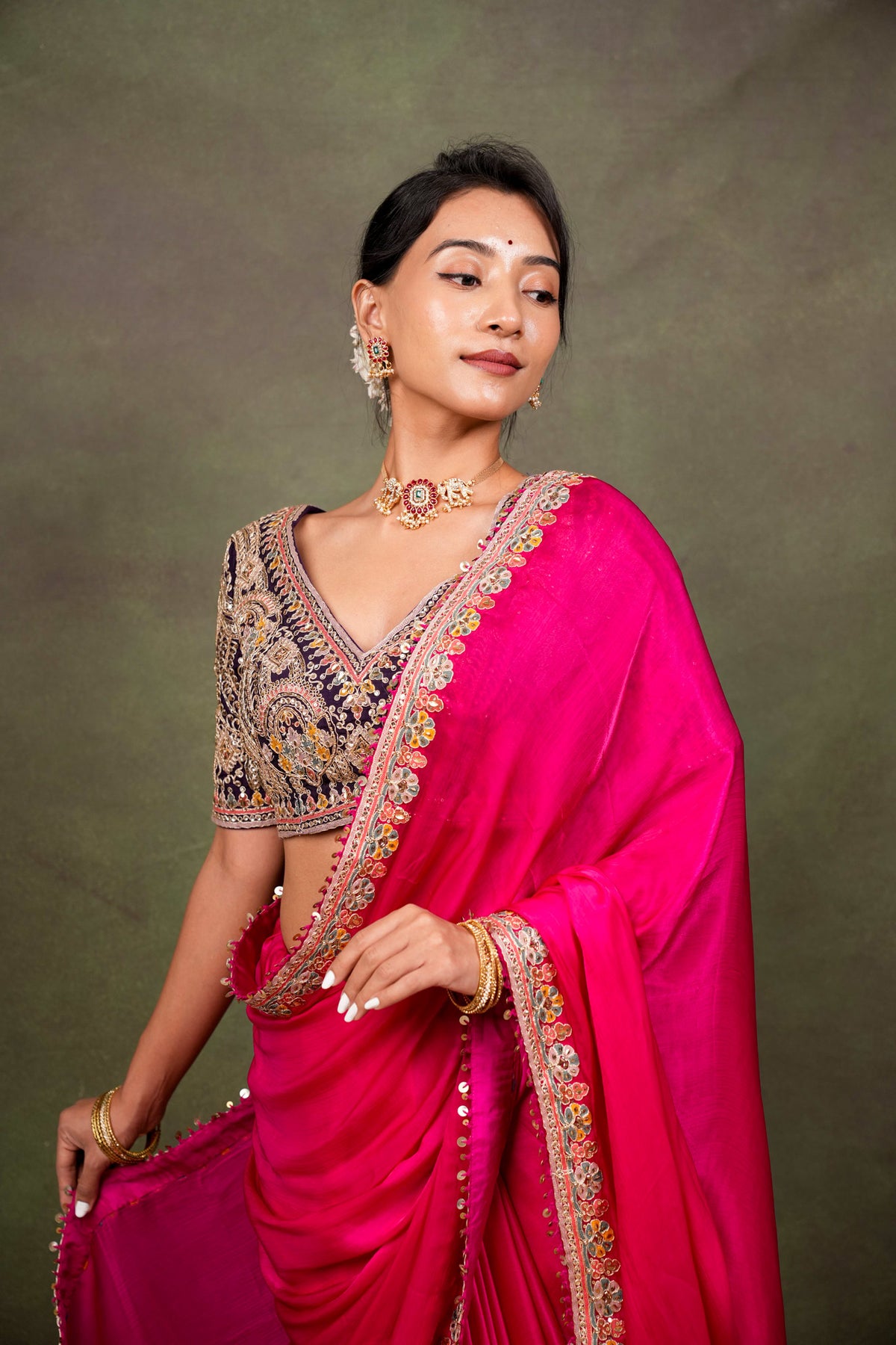 Rani Pink Satin Saree