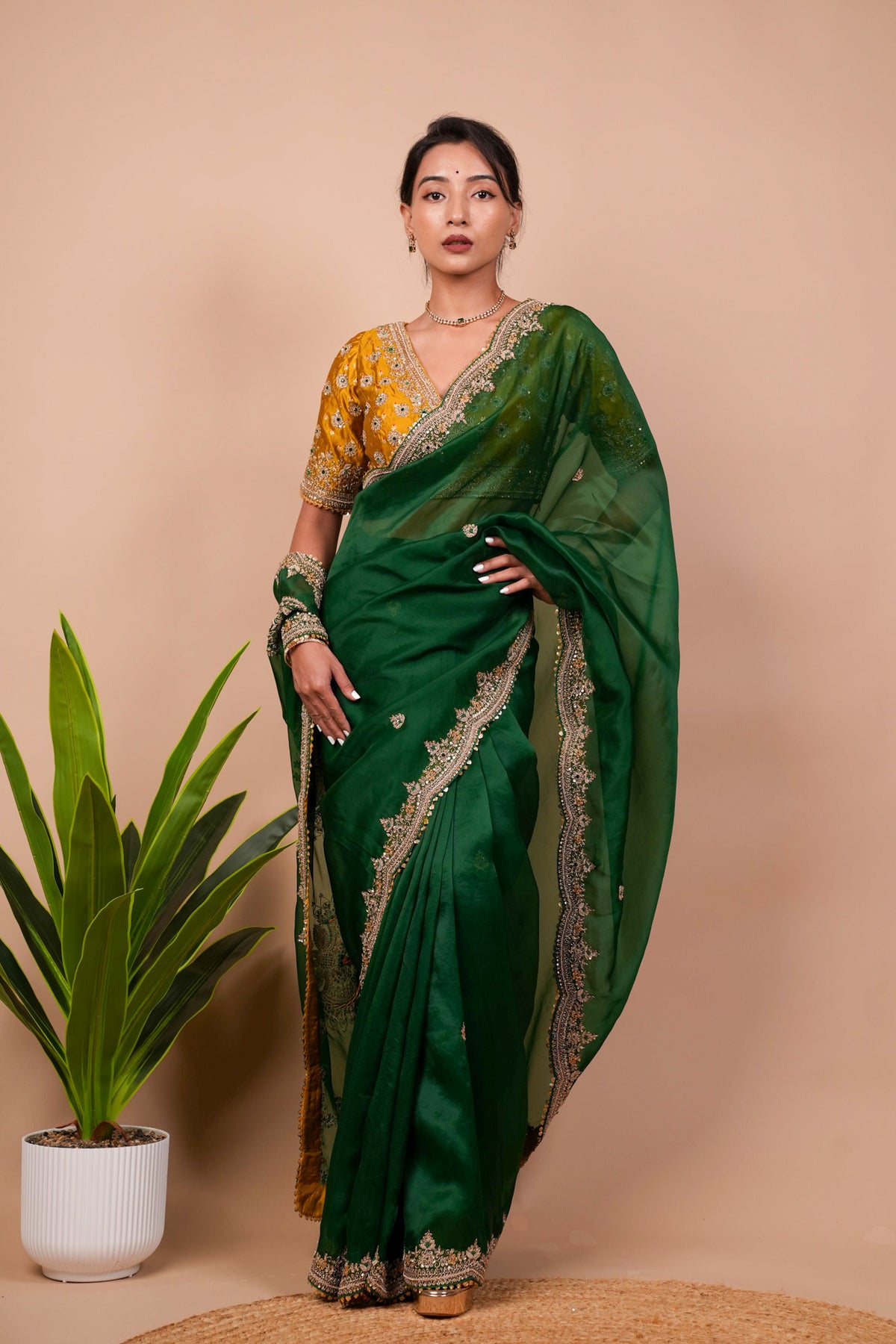 Dark Green Zardosi Organza Saree