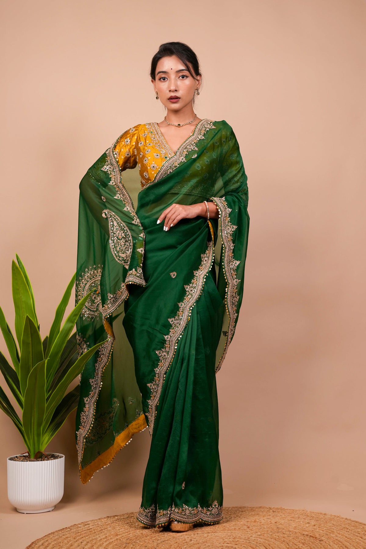 Dark Green Zardosi Organza Saree