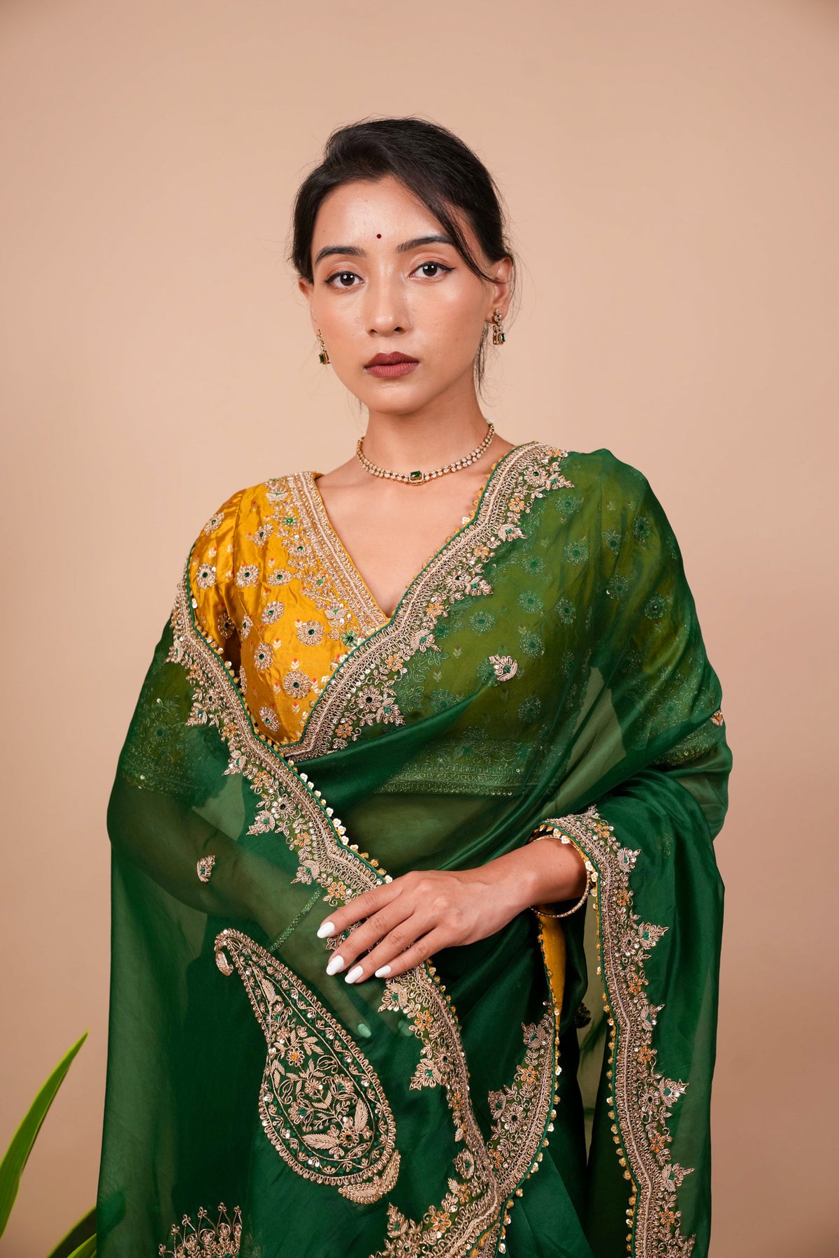 Dark Green Zardosi Organza Saree