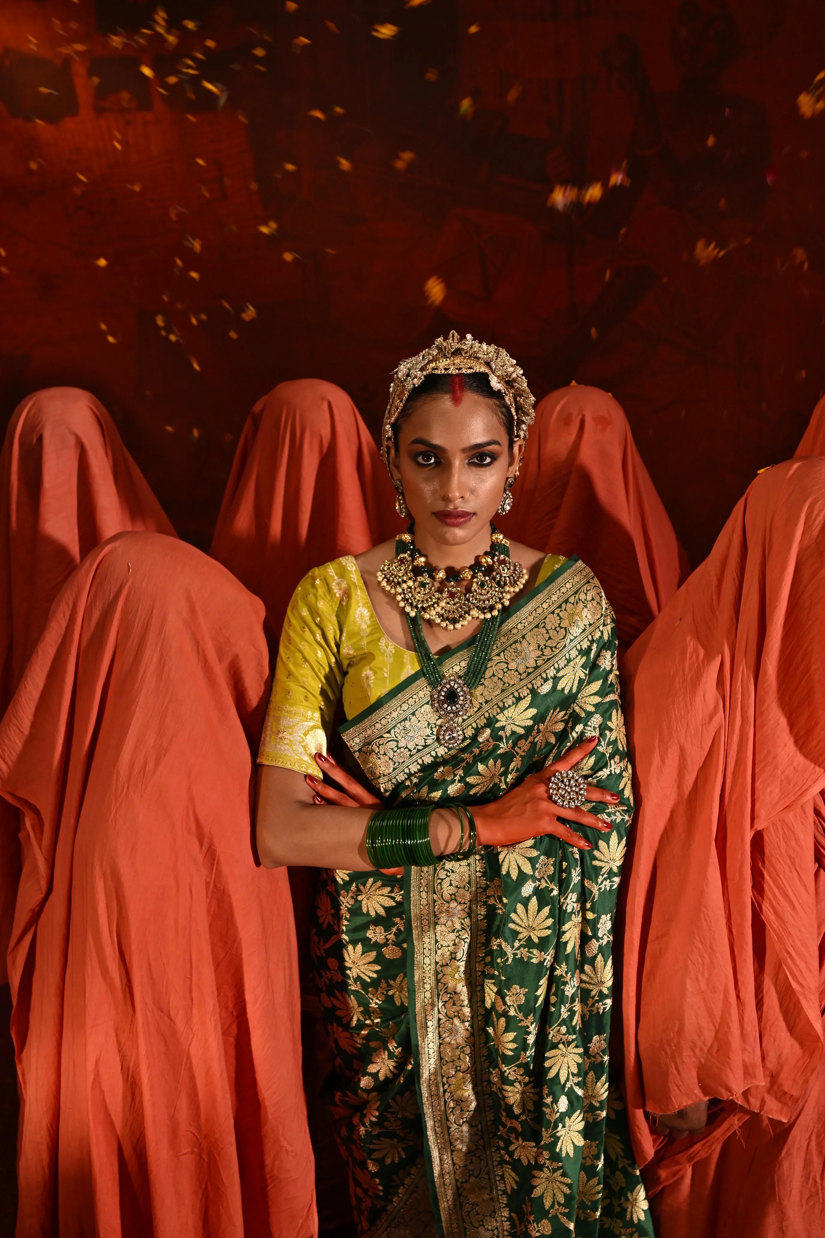 Green Banarasi Silk Saree with Meena Jaal Zari Weaving | Mokshaa