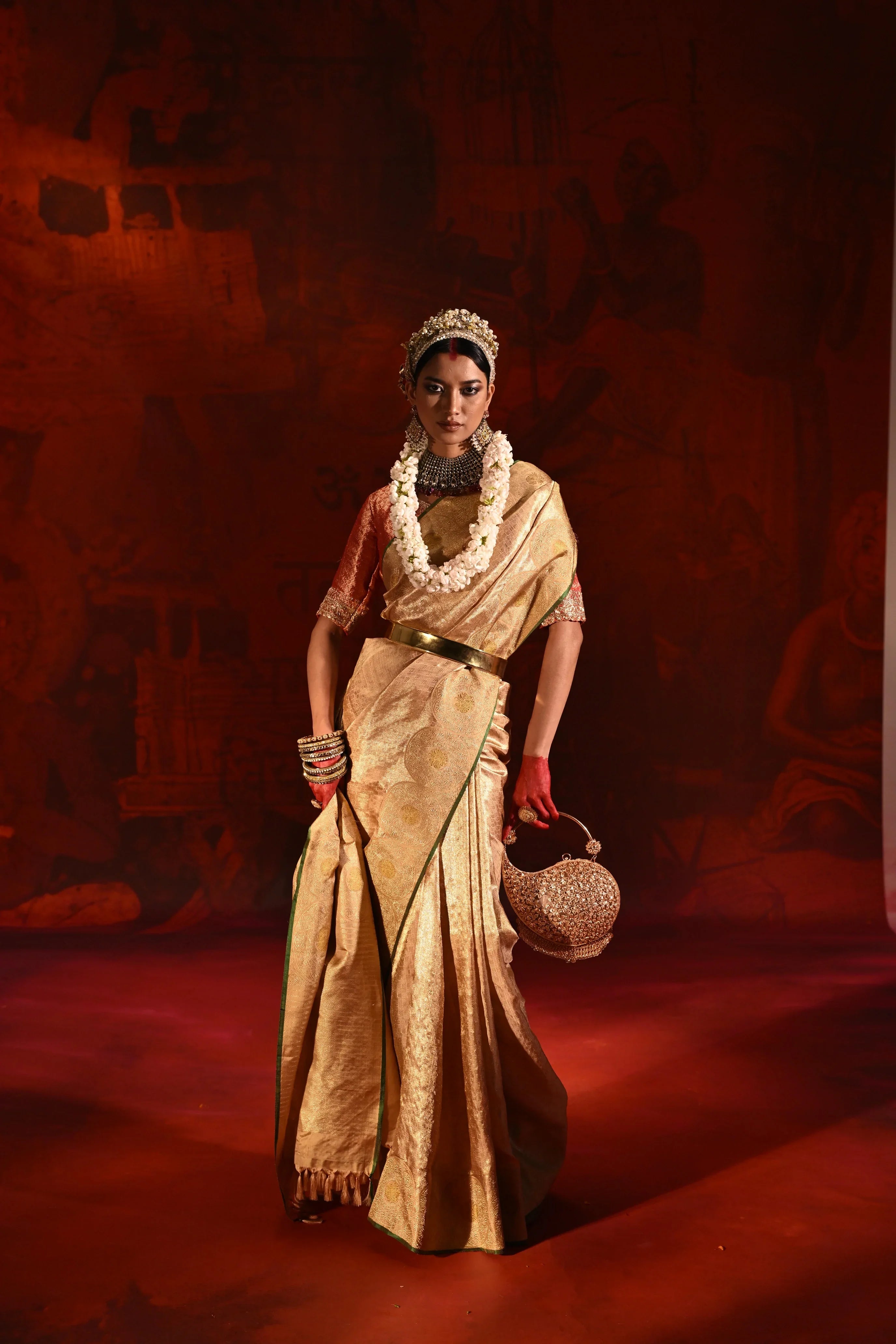 Beige Gold Kanchivaram Tissue Silk Saree with All-Over Zari Weaving | Mokshaa
