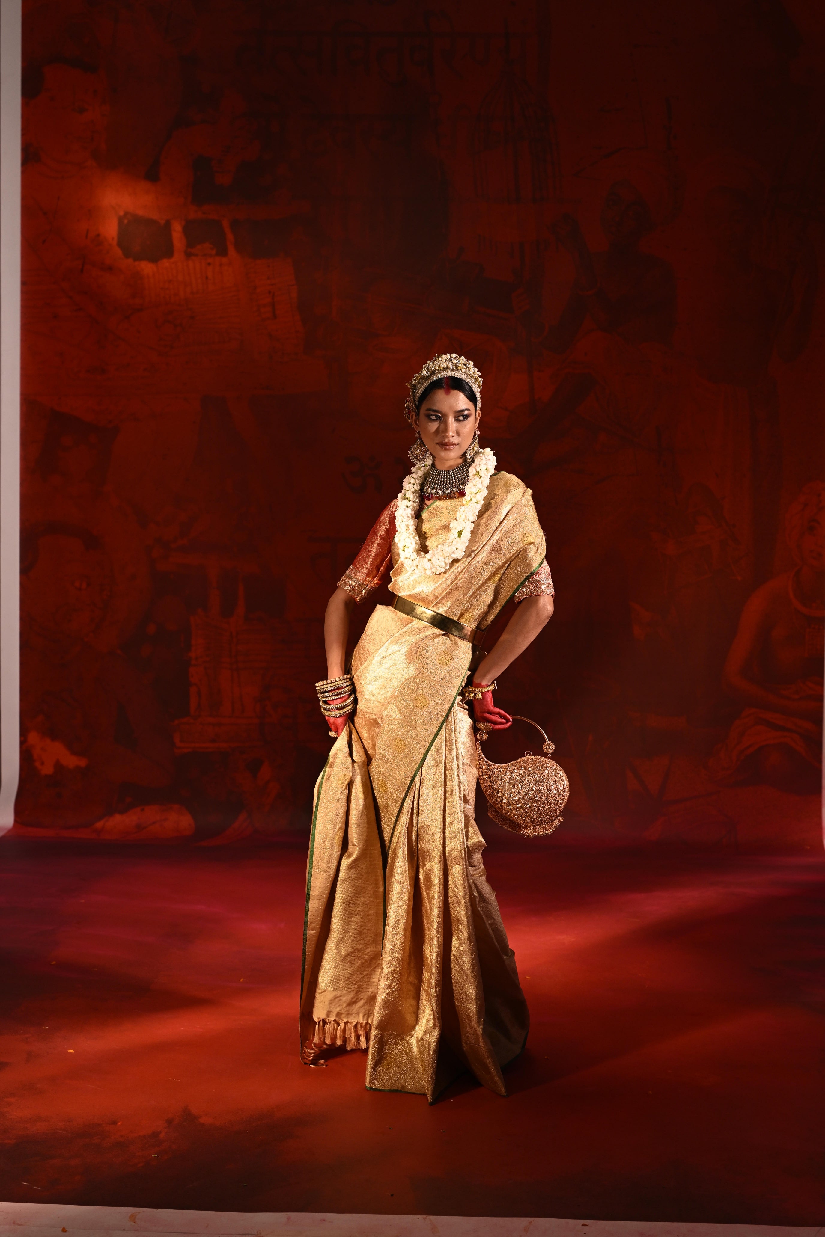 Beige Gold Kanchivaram Tissue Silk Saree with All-Over Zari Weaving
