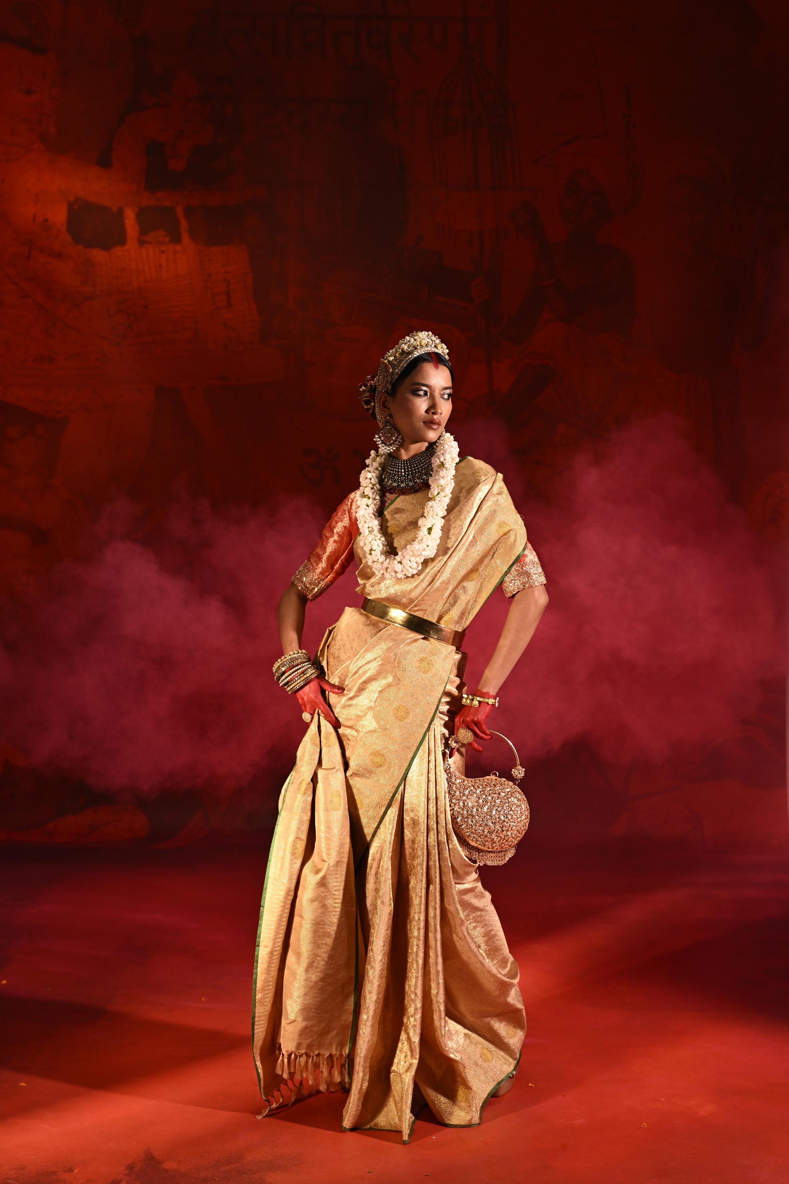Beige Gold Kanchivaram Tissue Silk Saree with All-Over Zari Weaving