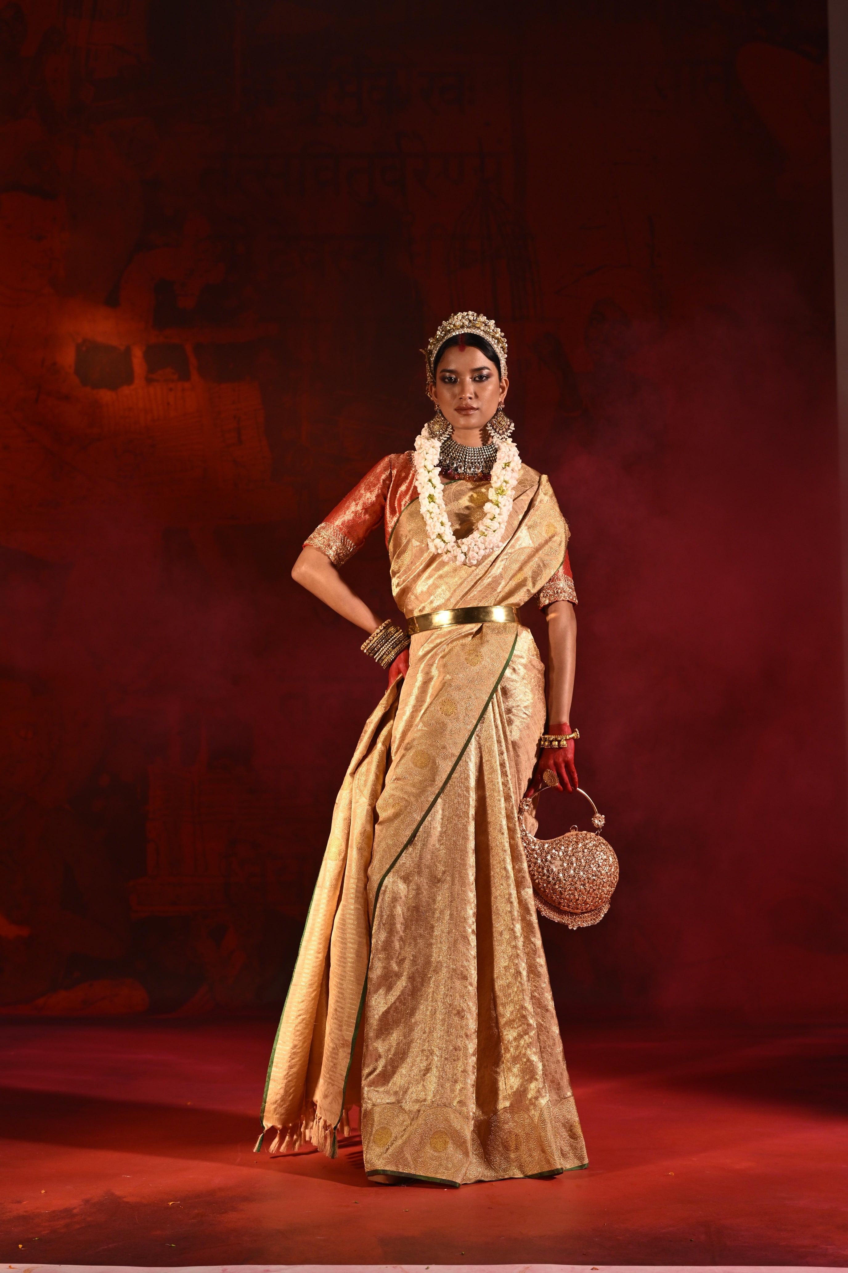 Beige Gold Kanchivaram Tissue Silk Saree with All-Over Zari Weaving