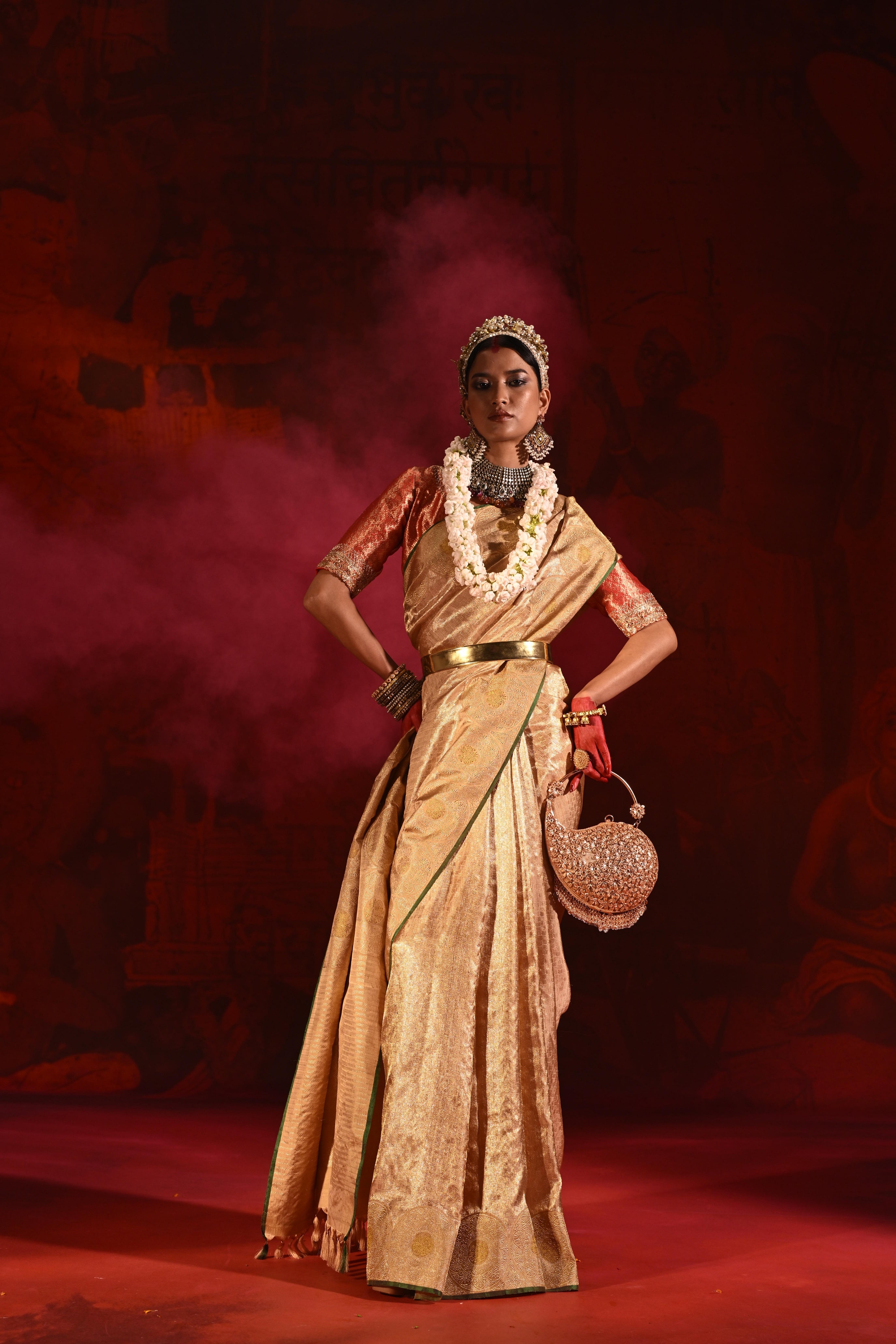 Beige Gold Kanchivaram Tissue Silk Saree with All-Over Zari Weaving