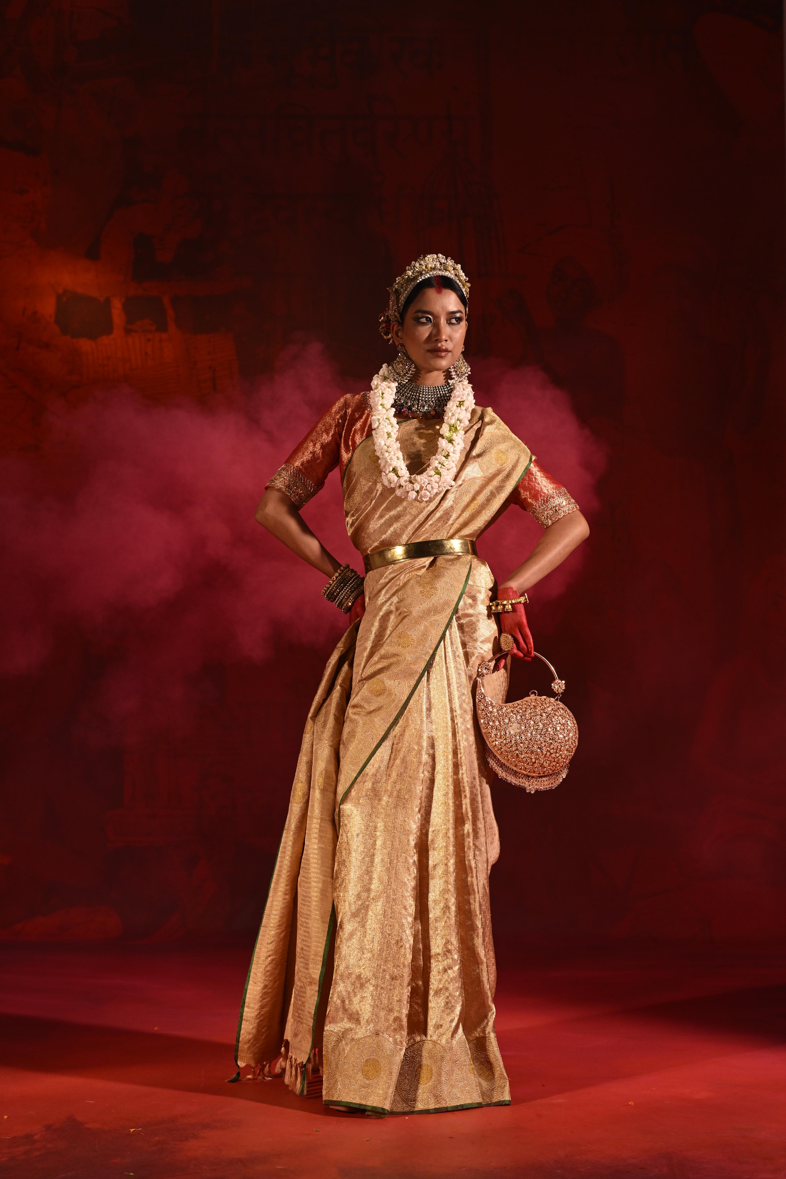 Beige Gold Kanchivaram Tissue Silk Saree with All-Over Zari Weaving