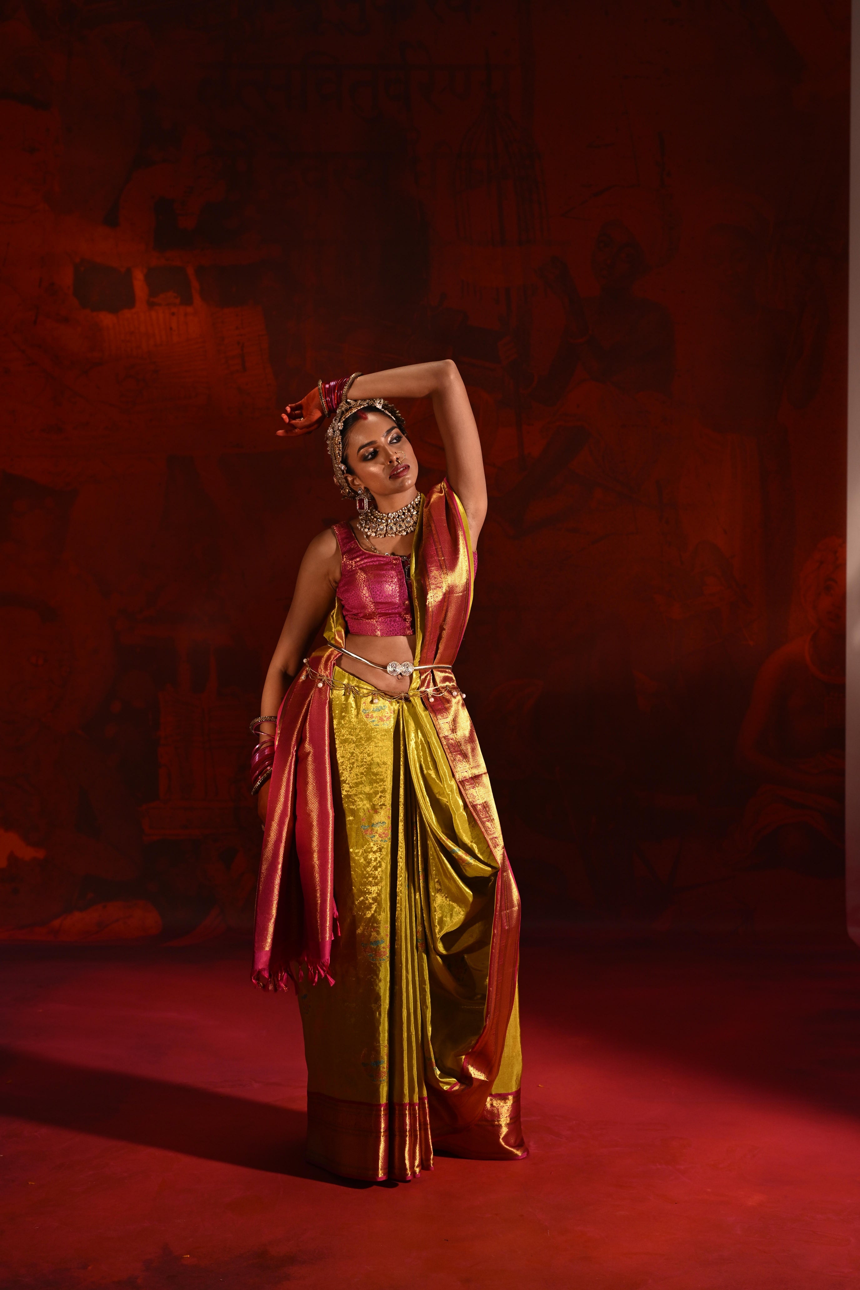 Golden Yellow Tissue Kanchivaram Silk Saree with Meena Zari Motifs & Pink Contrast Border
