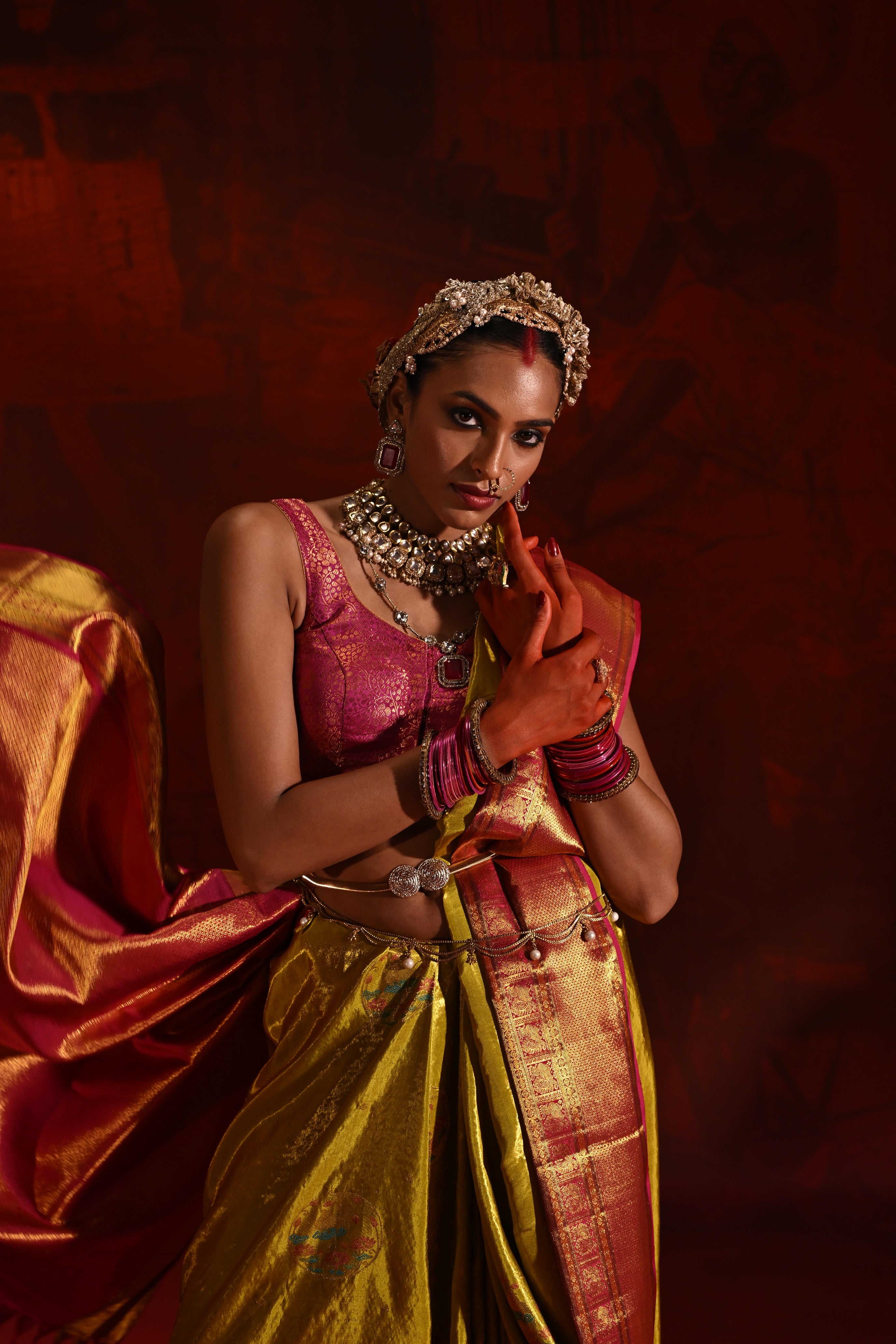 Golden Yellow Tissue Kanchivaram Silk Saree with Meena Zari Motifs & Pink Contrast Border