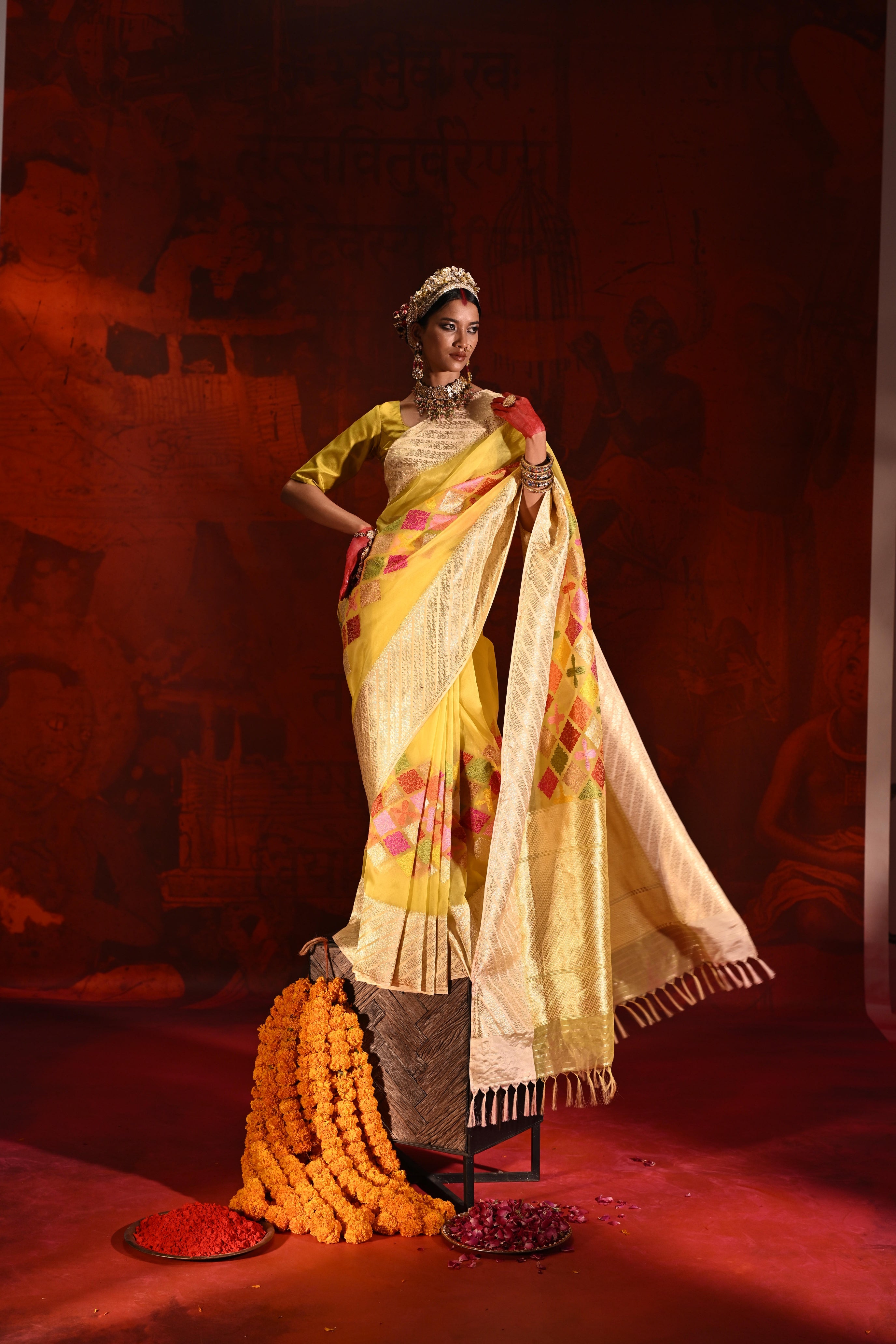 Lemon Yellow Kora Silk Saree with Meena Zari Weaving