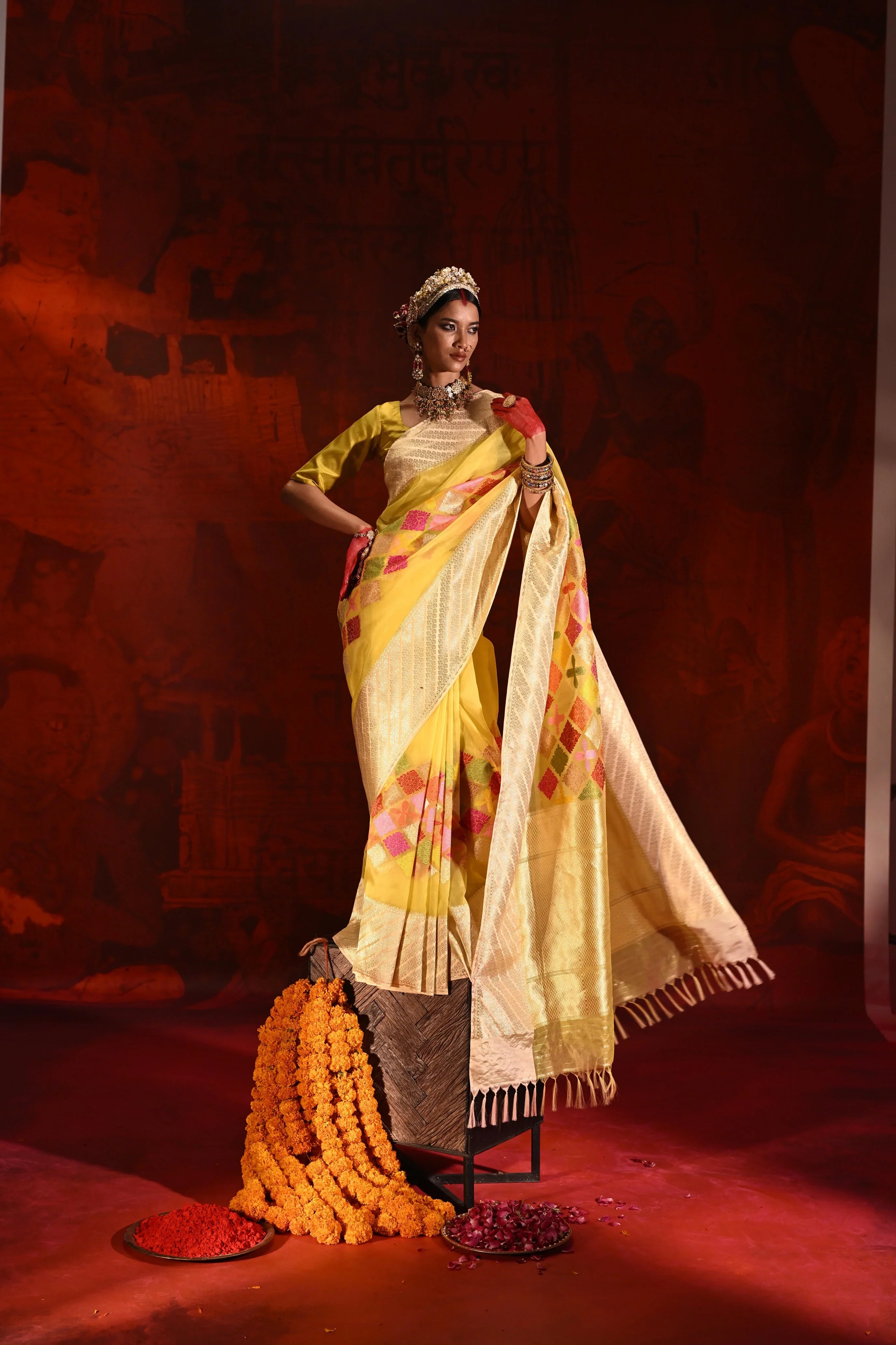 Lemon Yellow Kora Silk Saree with Meena Zari Weaving | Mokshaa