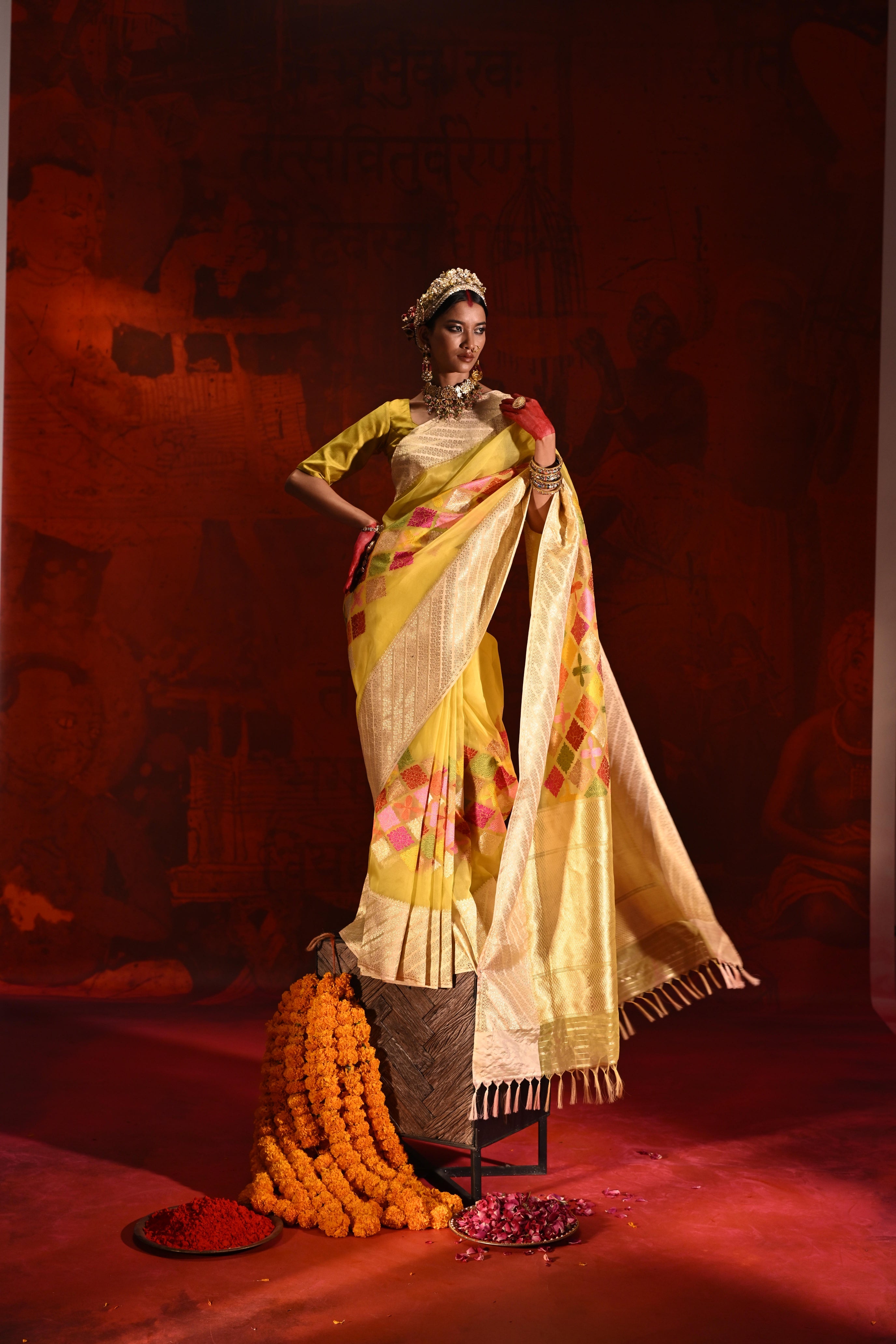 Lemon Yellow Kora Silk Saree with Meena Zari Weaving