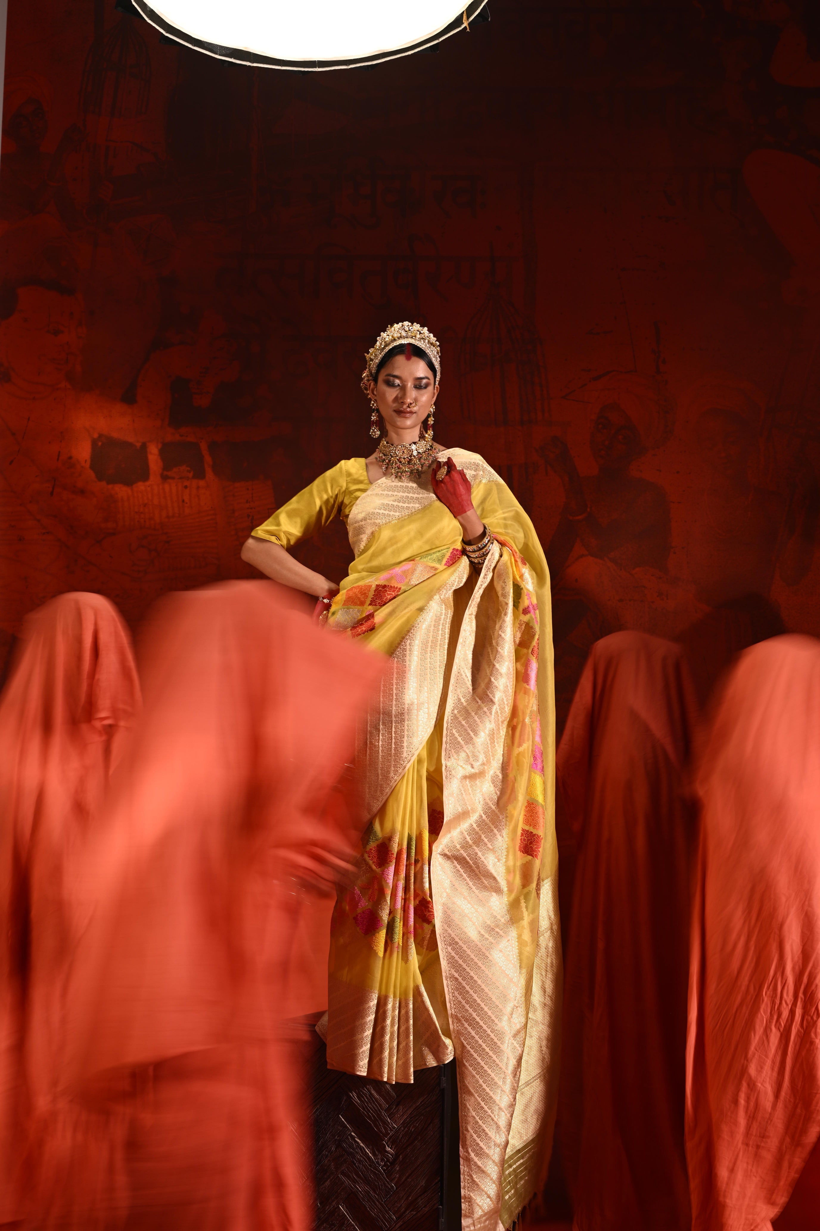 Lemon Yellow Kora Silk Saree with Meena Zari Weaving
