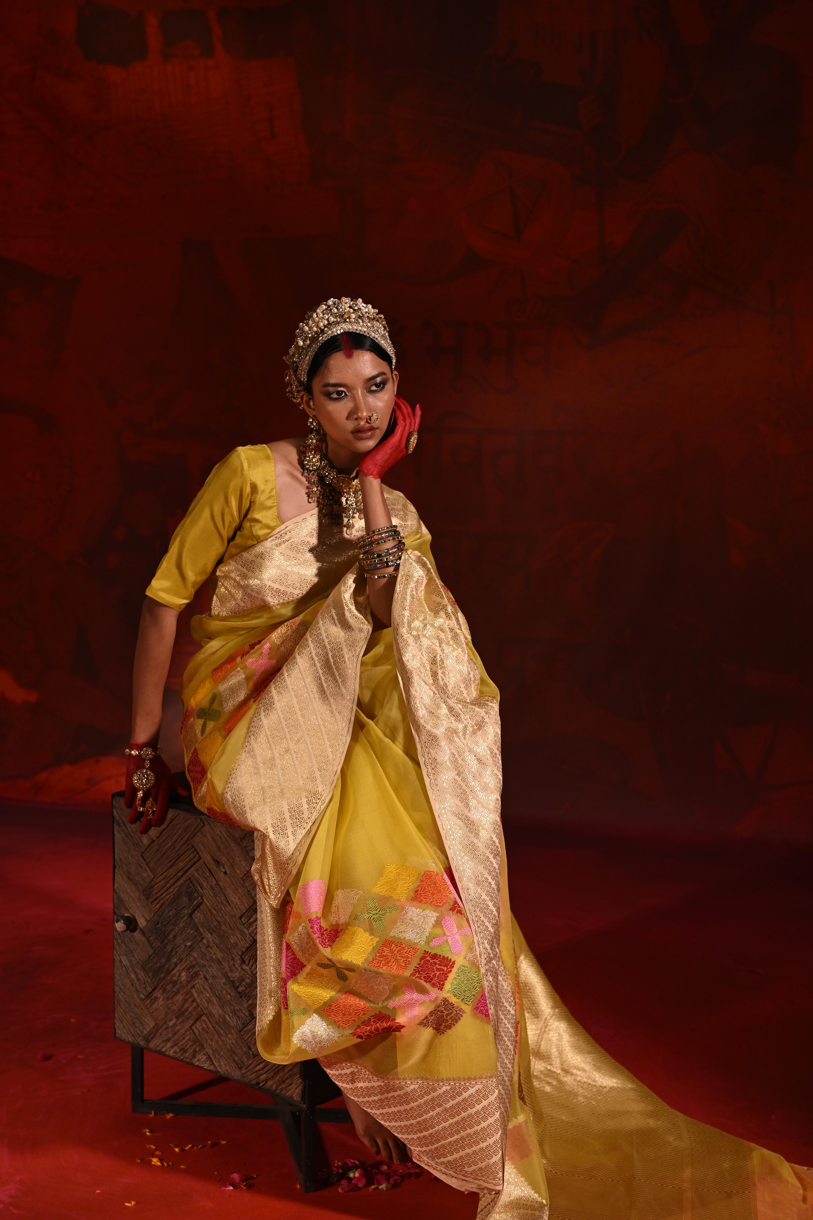 Lemon Yellow Kora Silk Saree with Meena Zari Weaving