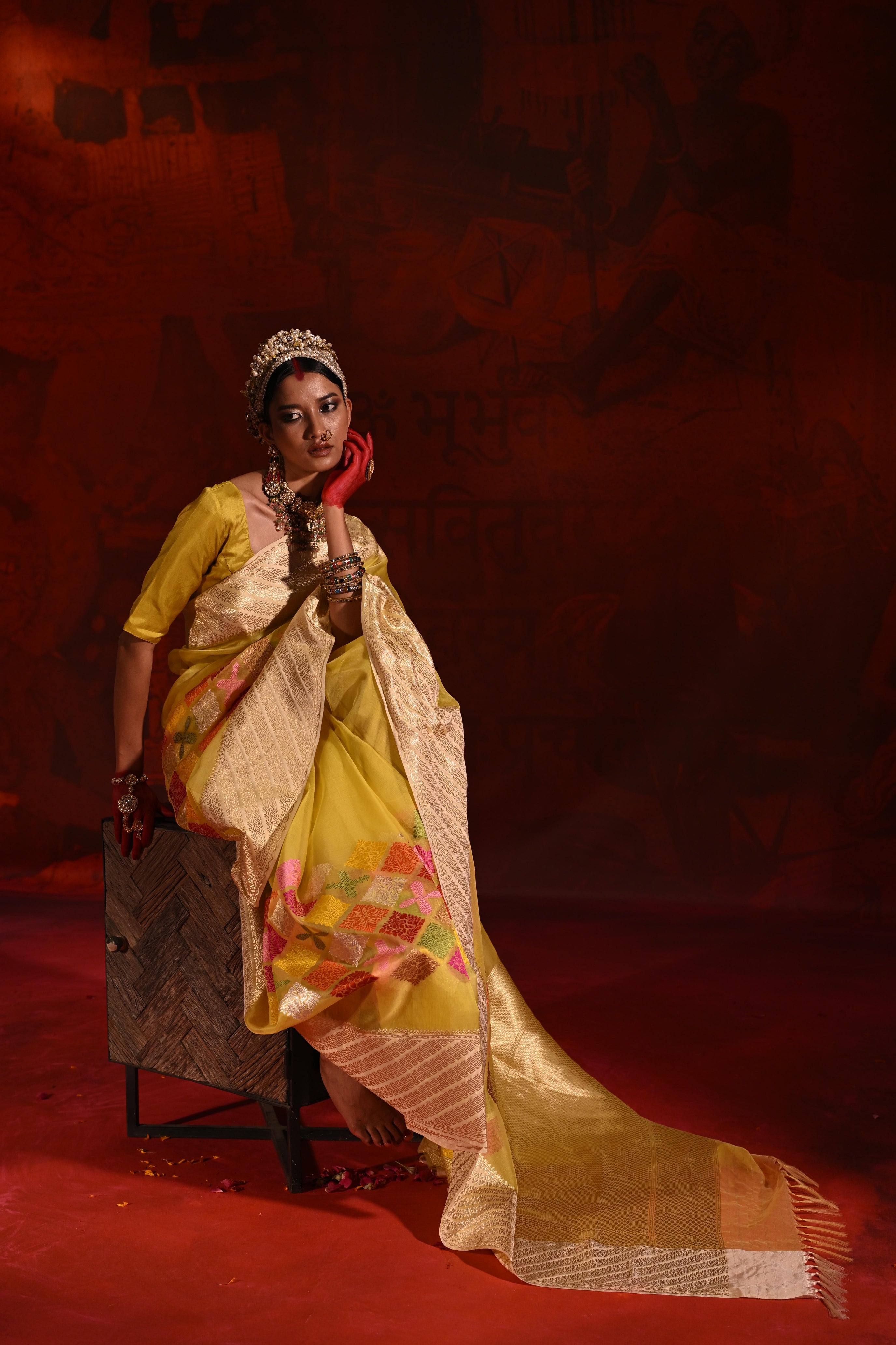 Lemon Yellow Kora Silk Saree with Meena Zari Weaving
