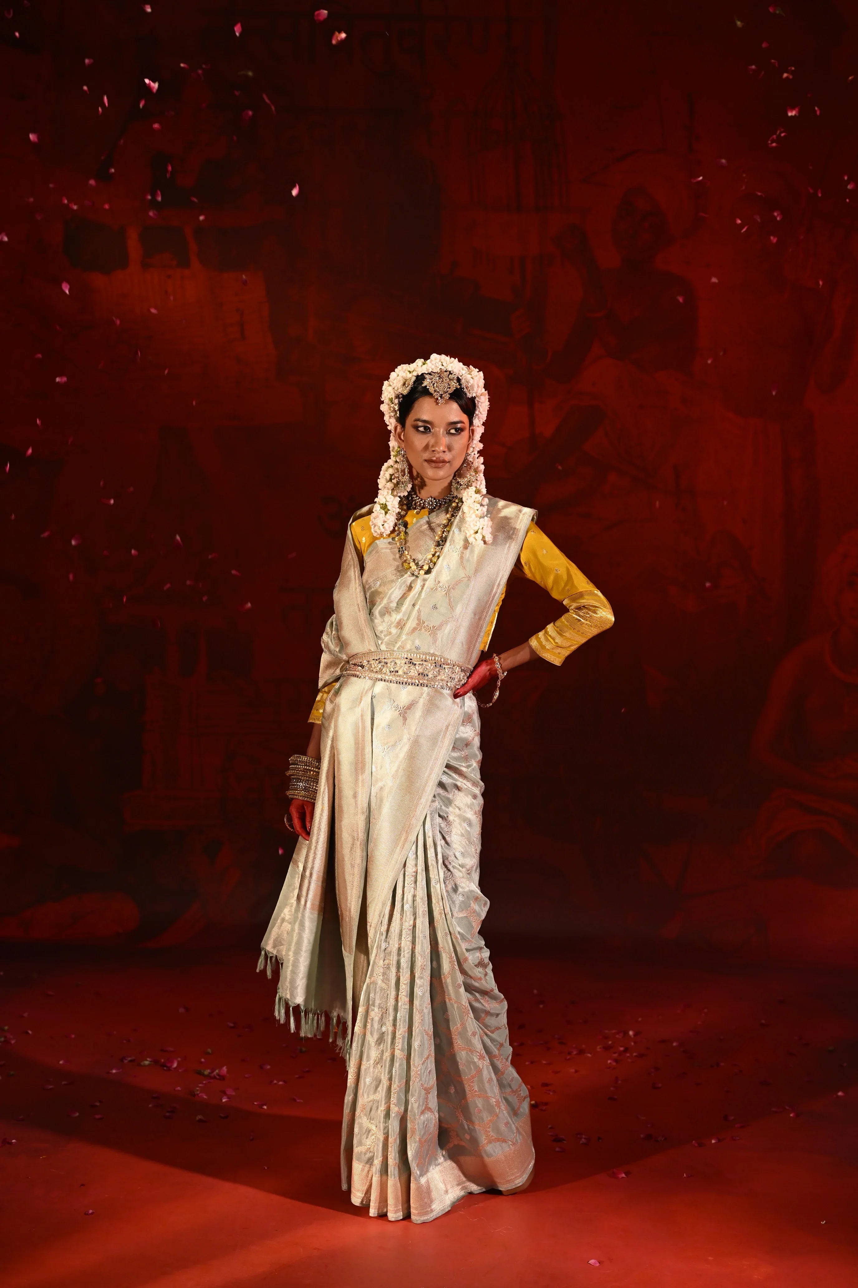 Ice Blue Banarasi Tissue Silk Saree with Geometric Zari Motifs | Mokshaa