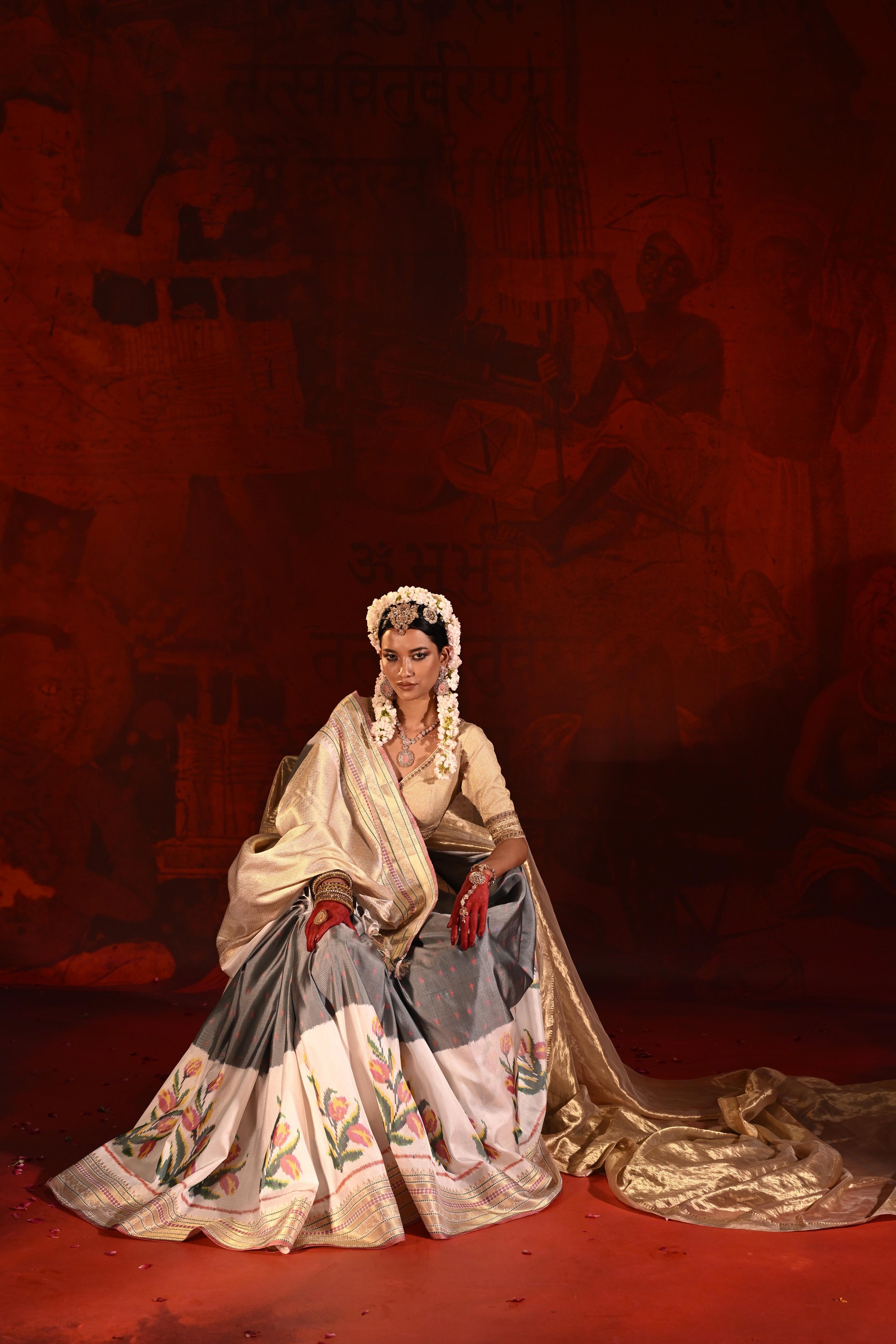 Grey & White Twill Silk Saree with Patola Weaving & Brocade Blouse