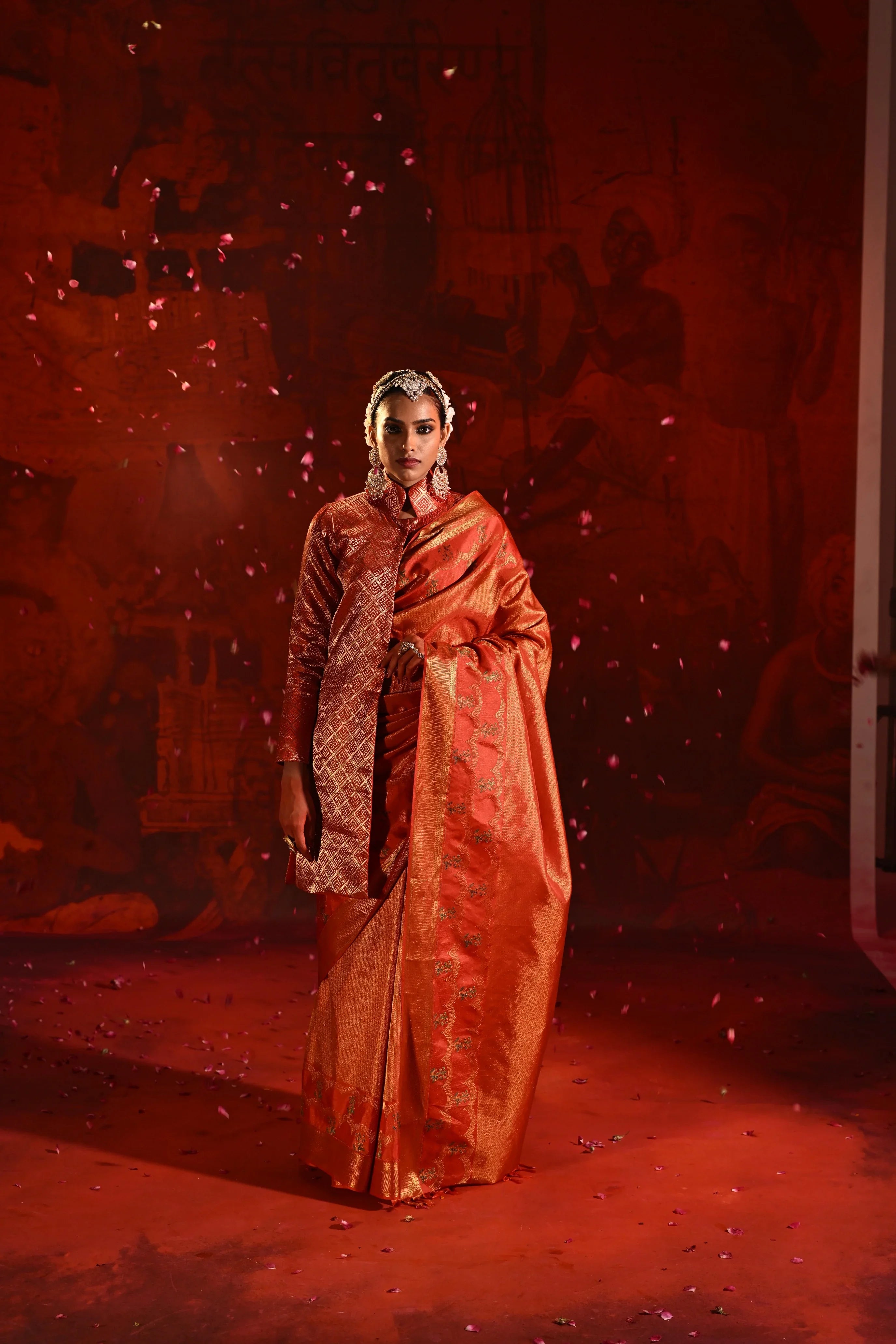 Red Kanchivaram Silk Saree with All-Over Zari Motifs & Multicolor Meena Border | Mokshaa