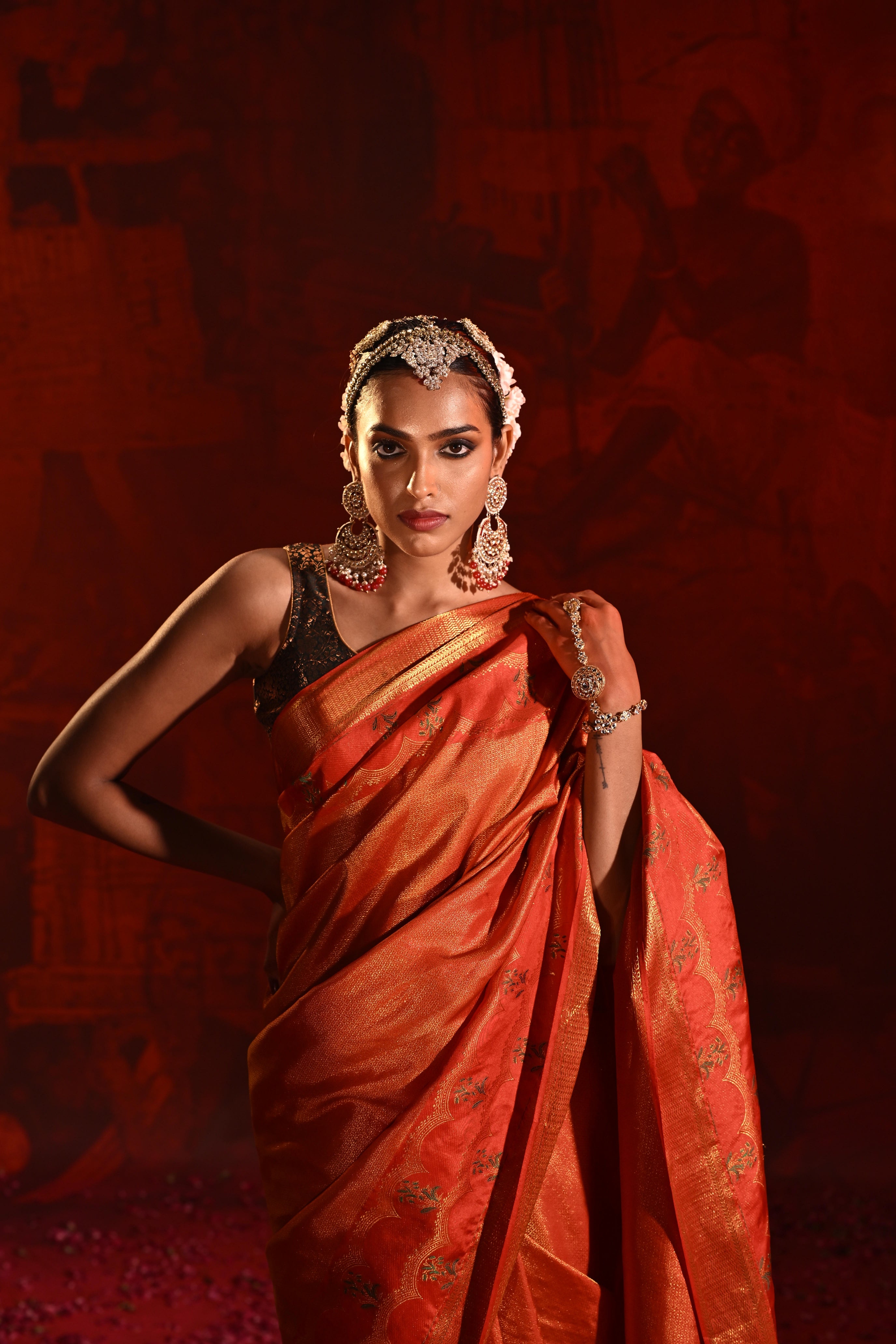 Red Kanchivaram Silk Saree with All-Over Zari Motifs & Multicolor Meena Border