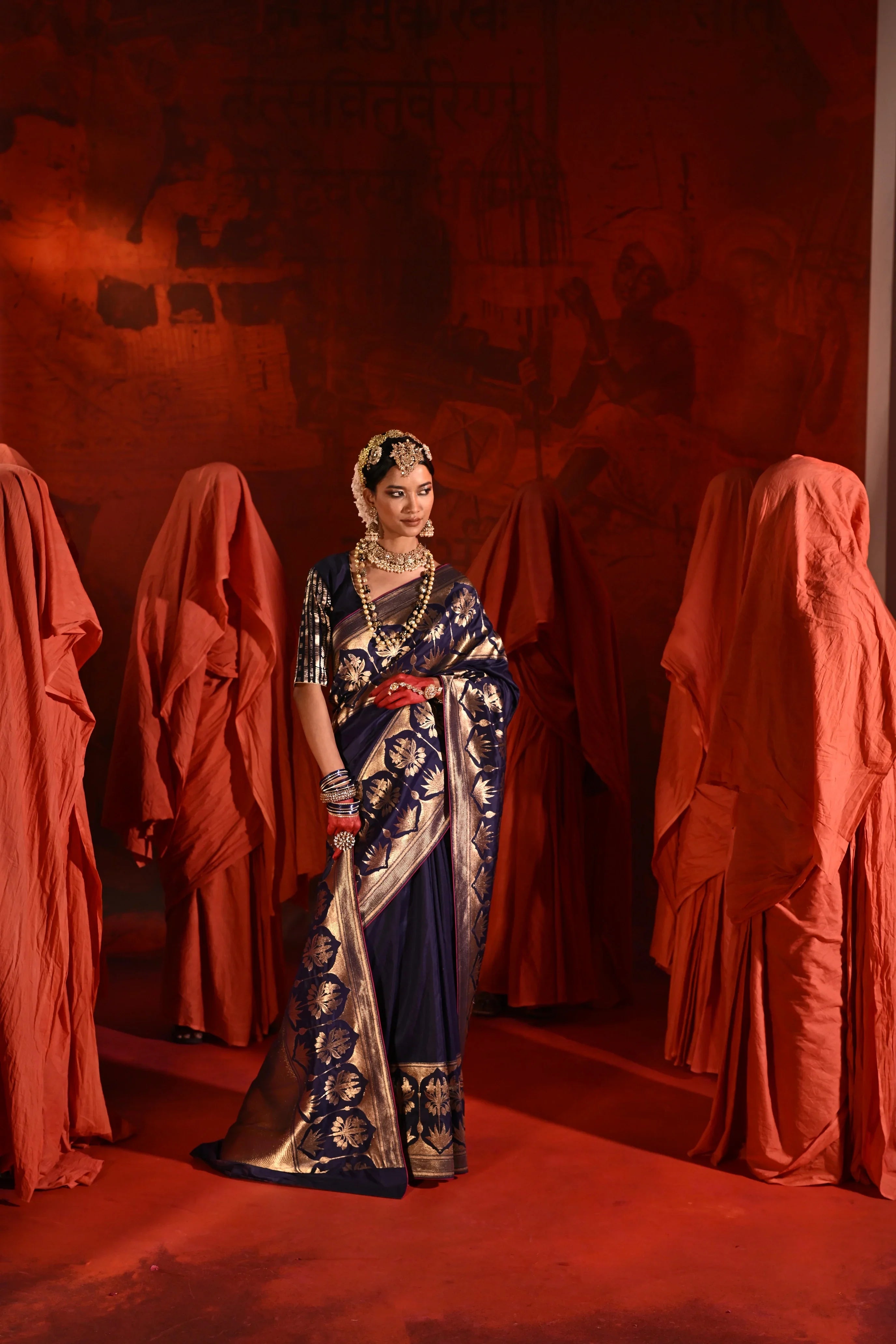 Midnight Blue Silk Saree with Golden Zari Weaving Border | Mokshaa