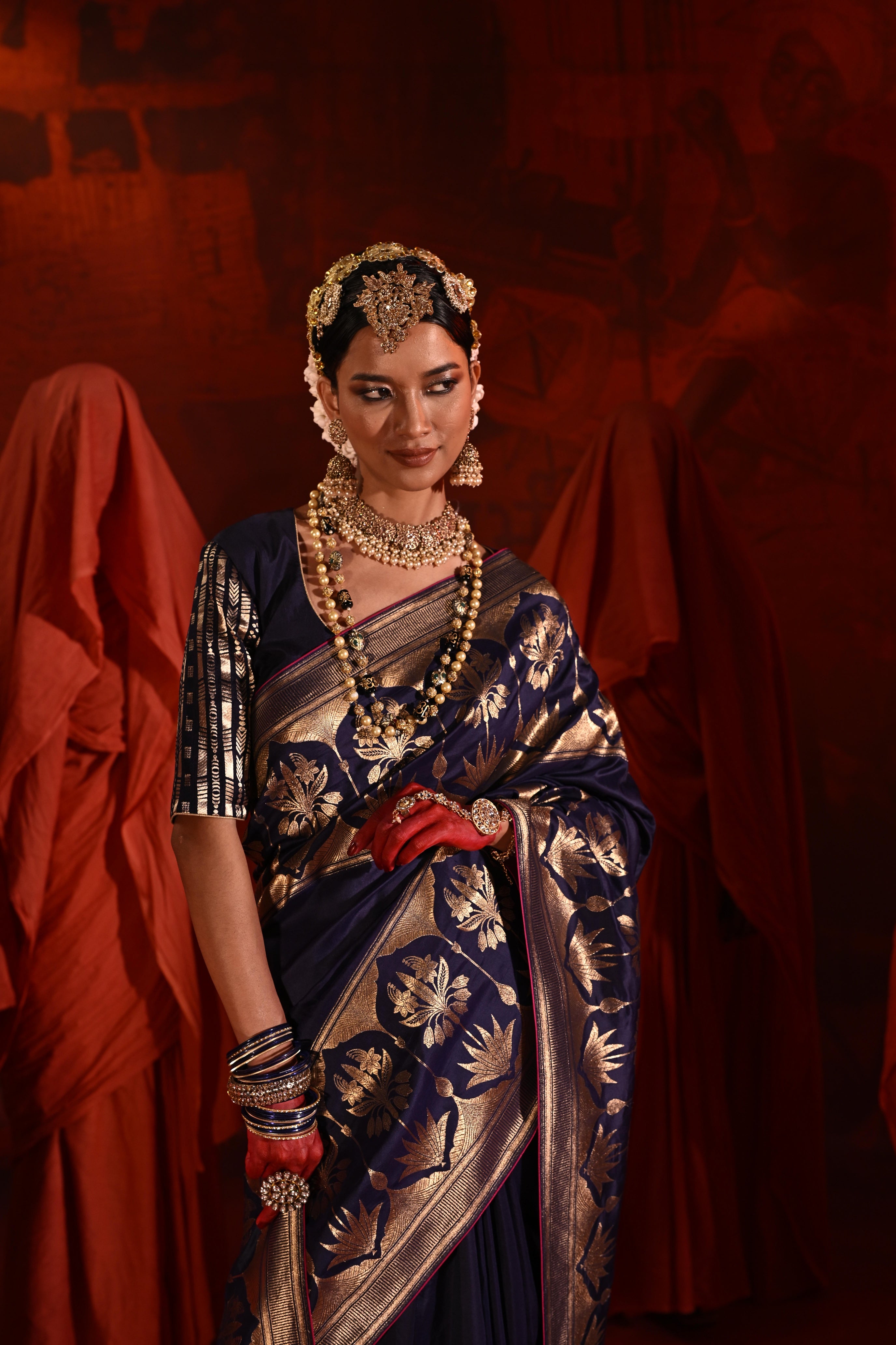 Midnight Blue Silk Saree with Golden Zari Weaving Border