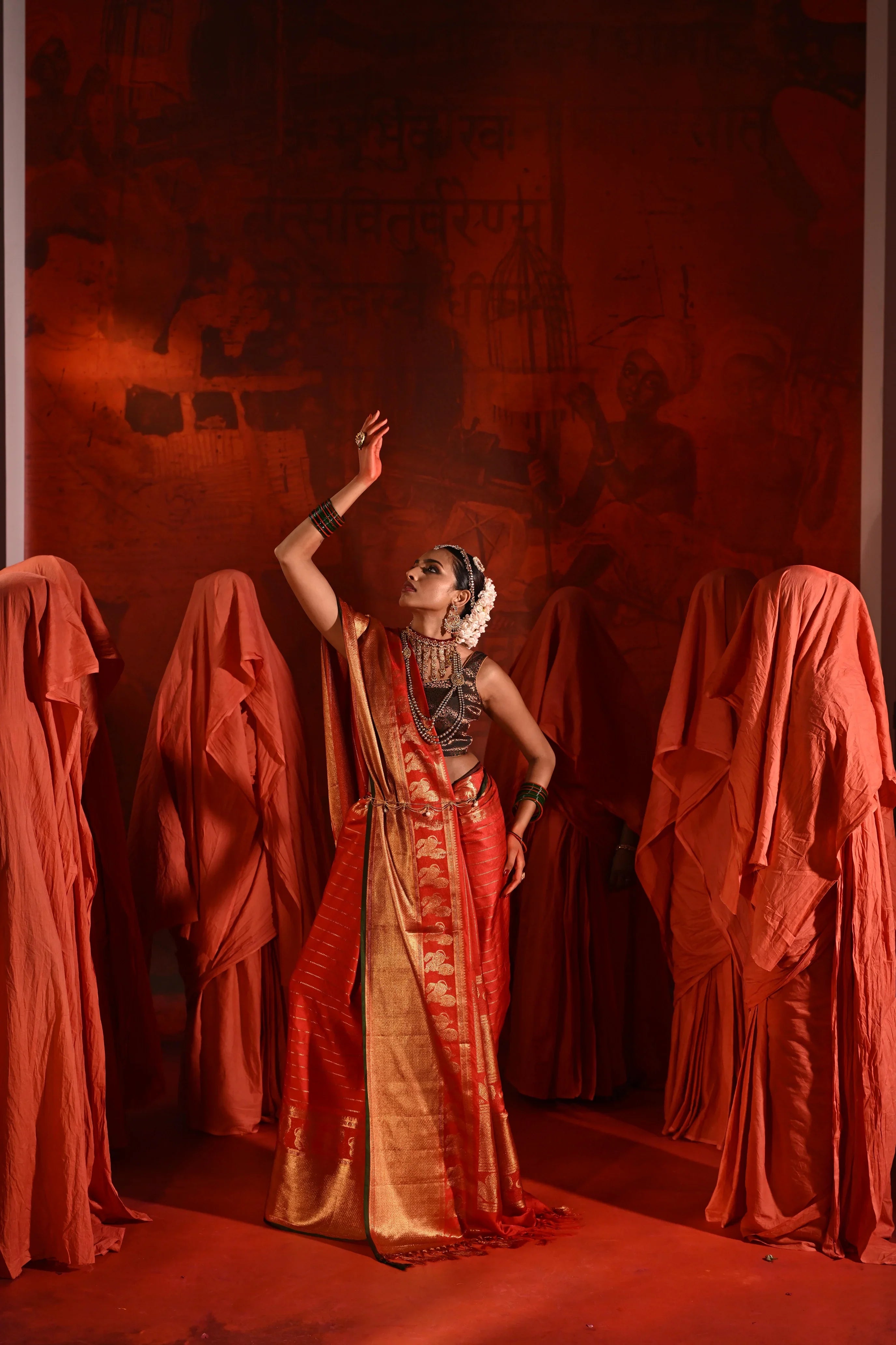 Bright Red Twill Silk Saree with Zari Stripes & Motifs Border | Mokshaa