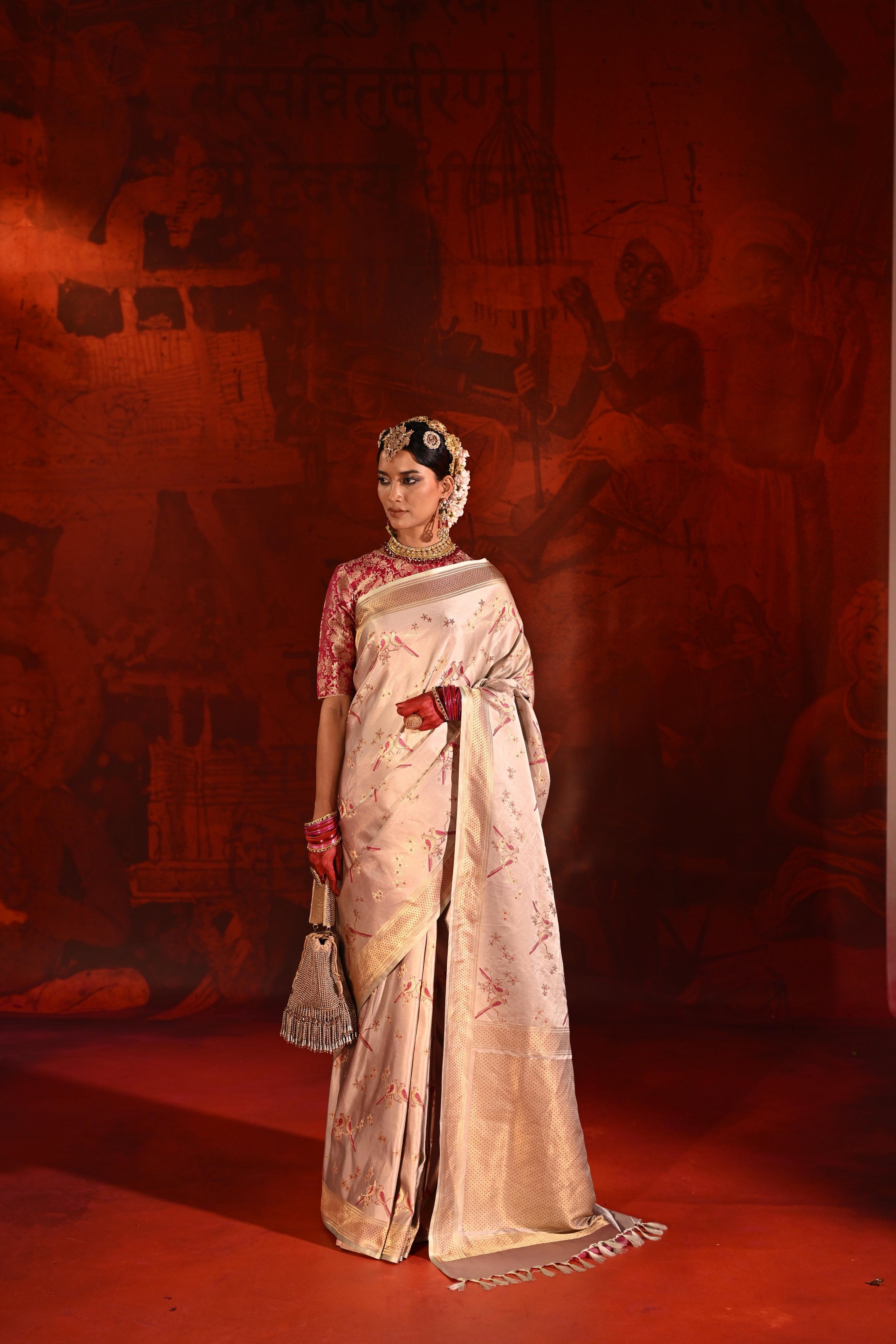 Beige Satin Silk Saree with Pink Meena Motifs & Zari Border
