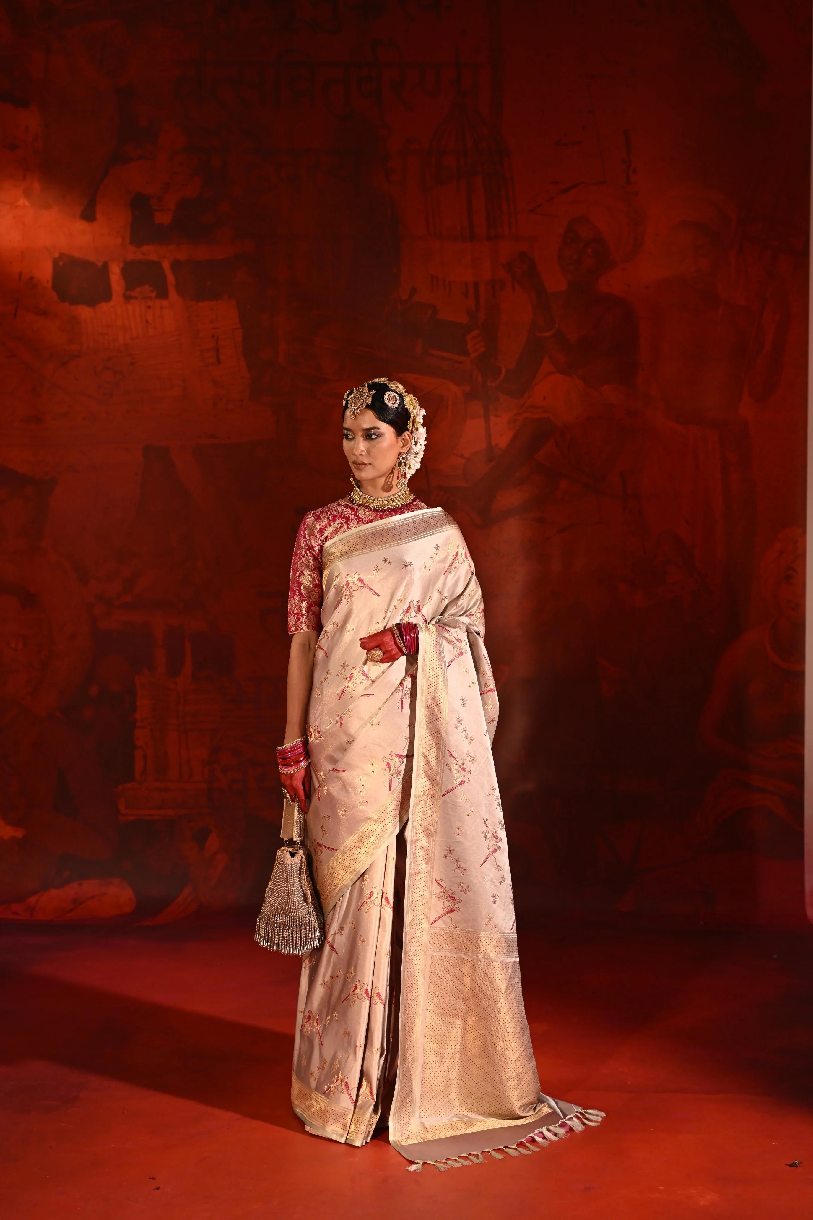 Beige Satin Silk Saree with Pink Meena Motifs & Zari Border | Mokshaa
