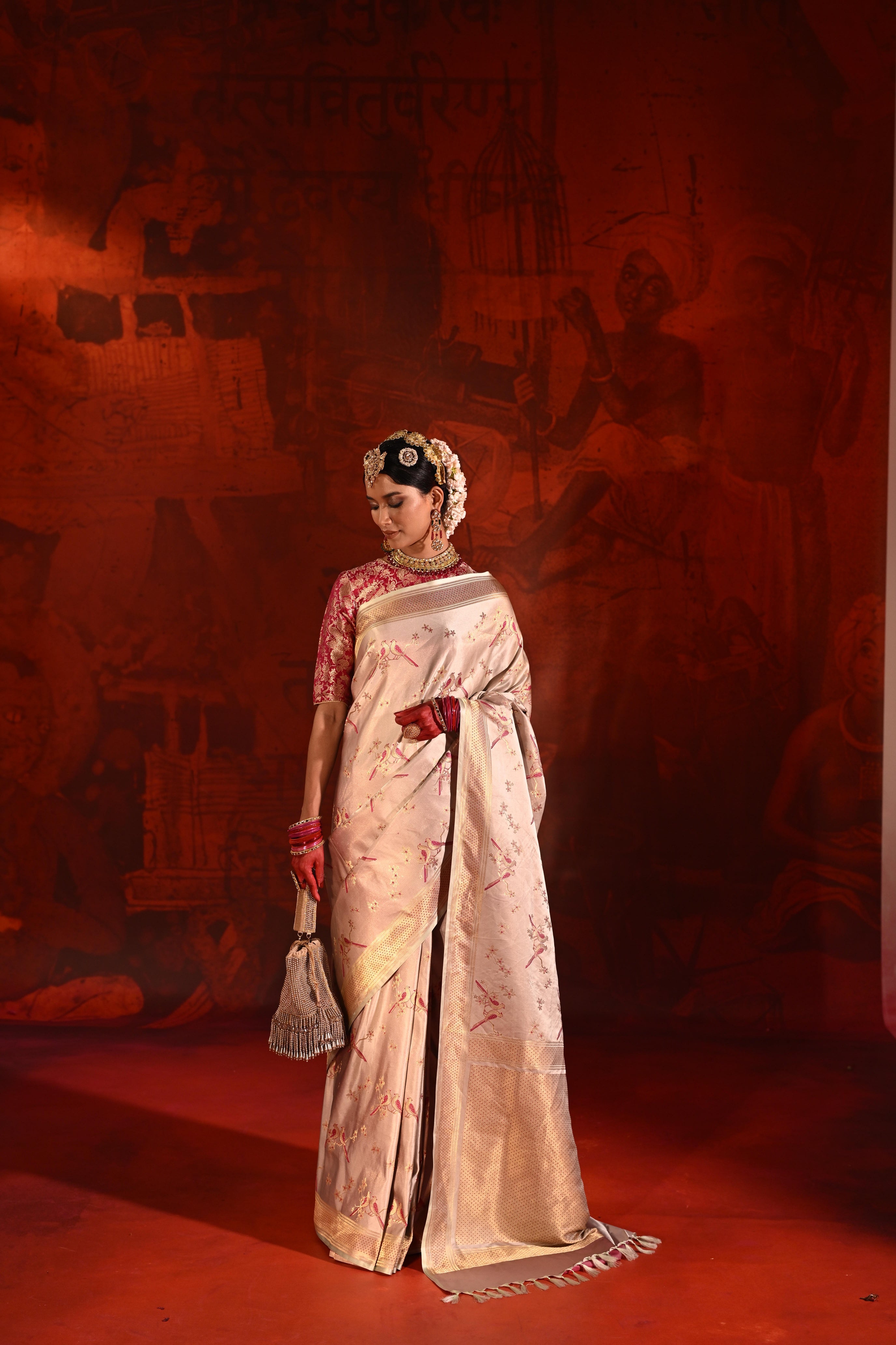 Beige Satin Silk Saree with Pink Meena Motifs & Zari Border