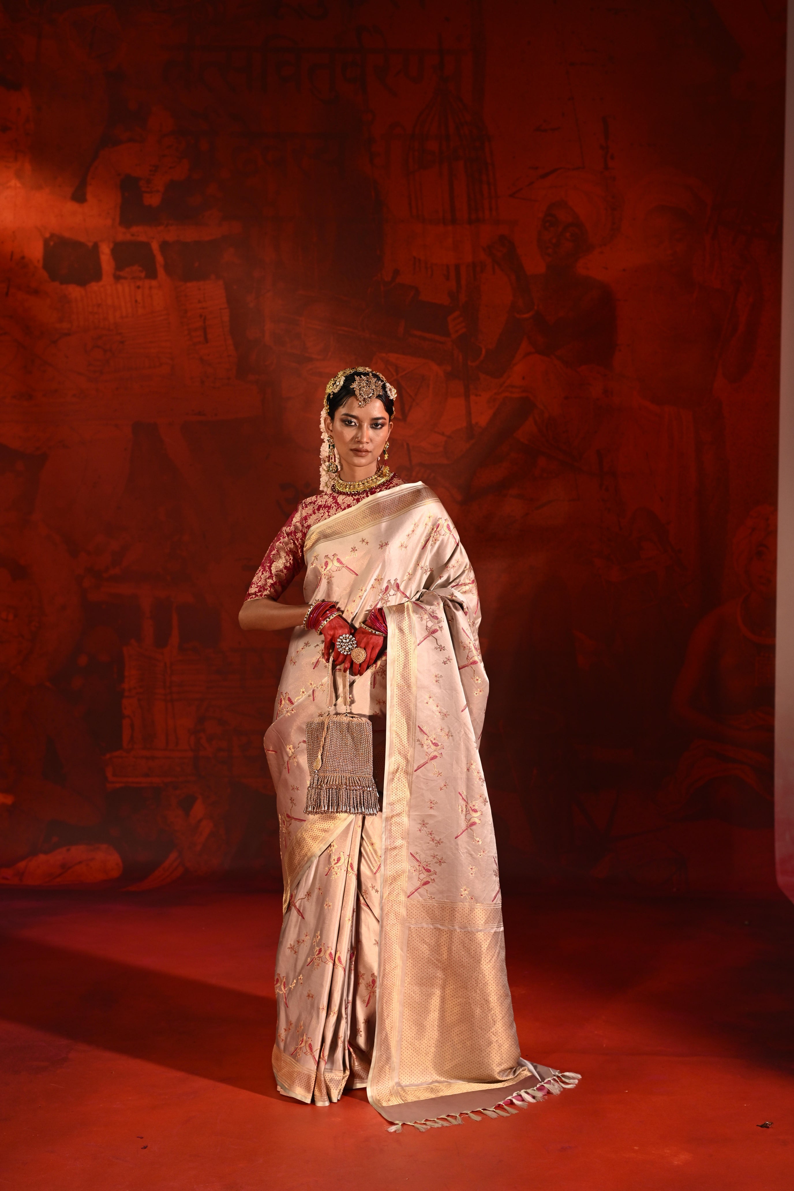 Beige Satin Silk Saree with Pink Meena Motifs & Zari Border
