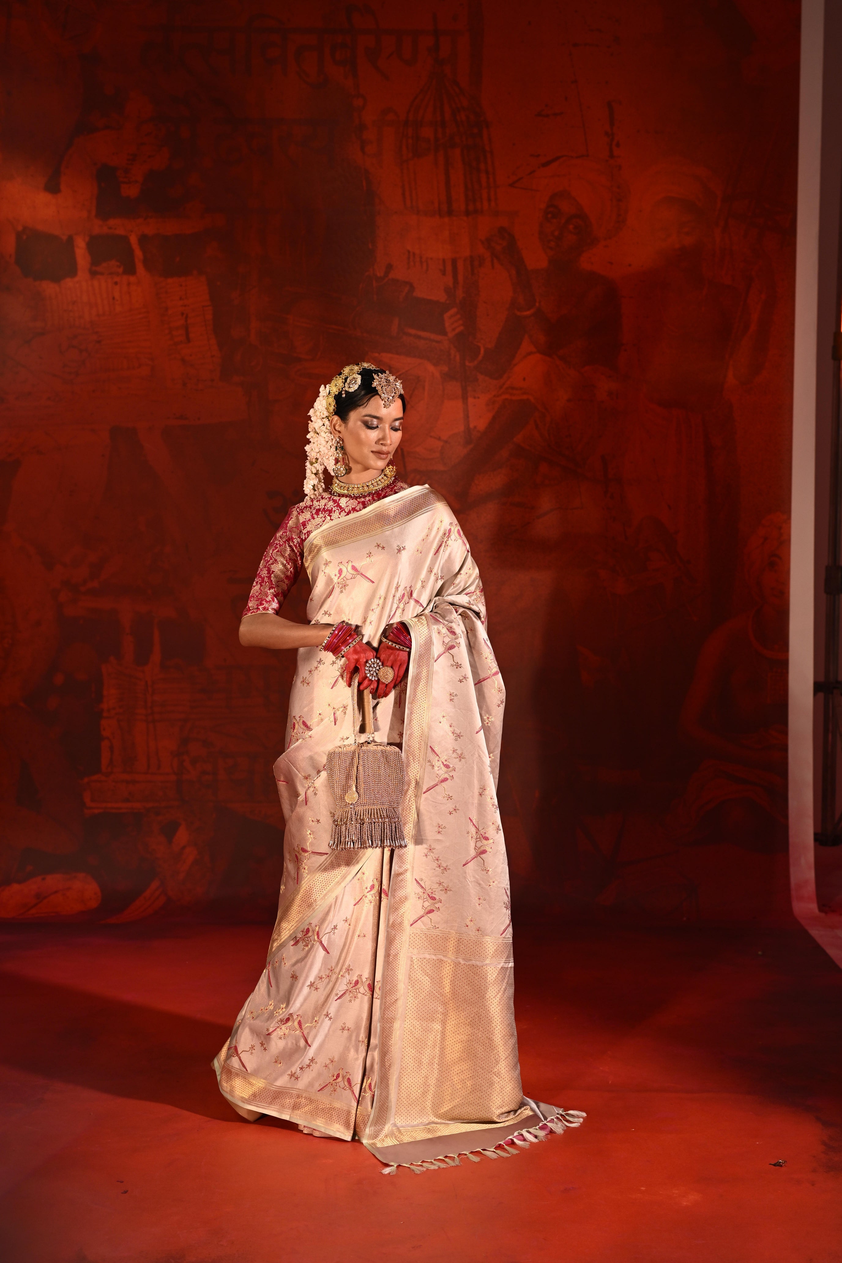 Beige Satin Silk Saree with Pink Meena Motifs & Zari Border
