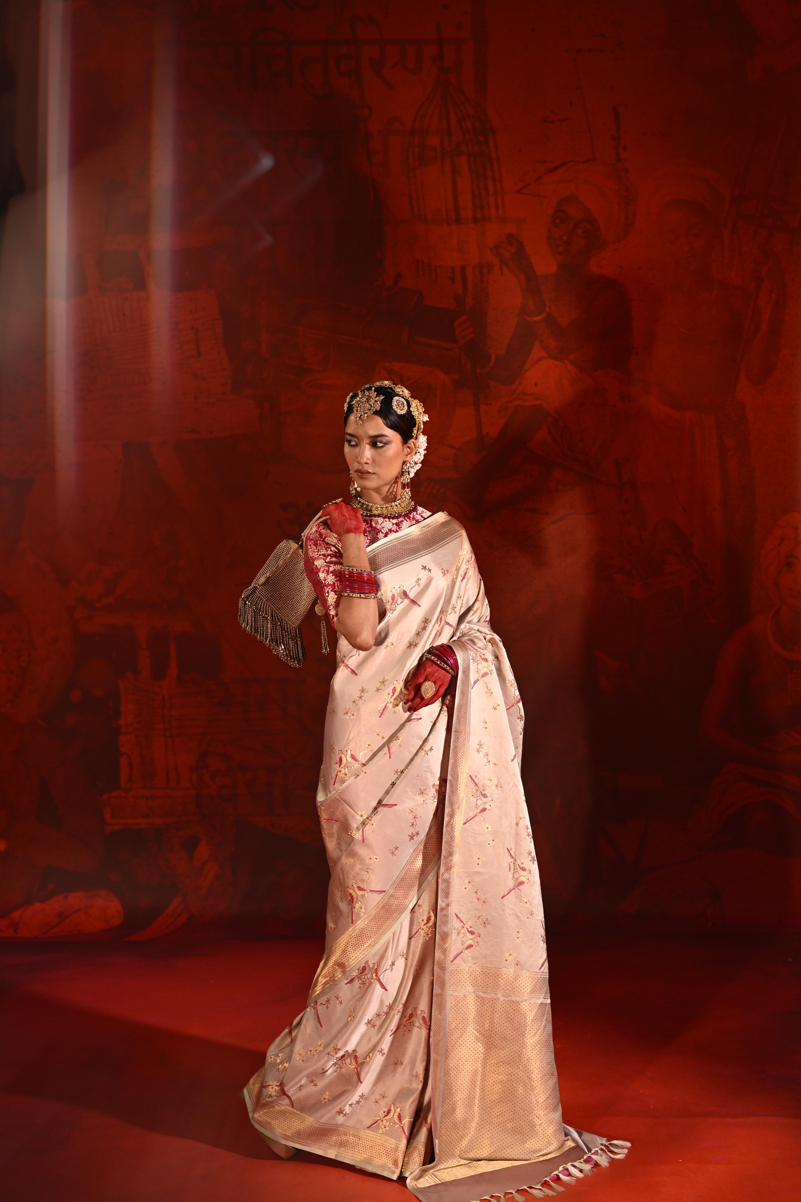Beige Satin Silk Saree with Pink Meena Motifs & Zari Border