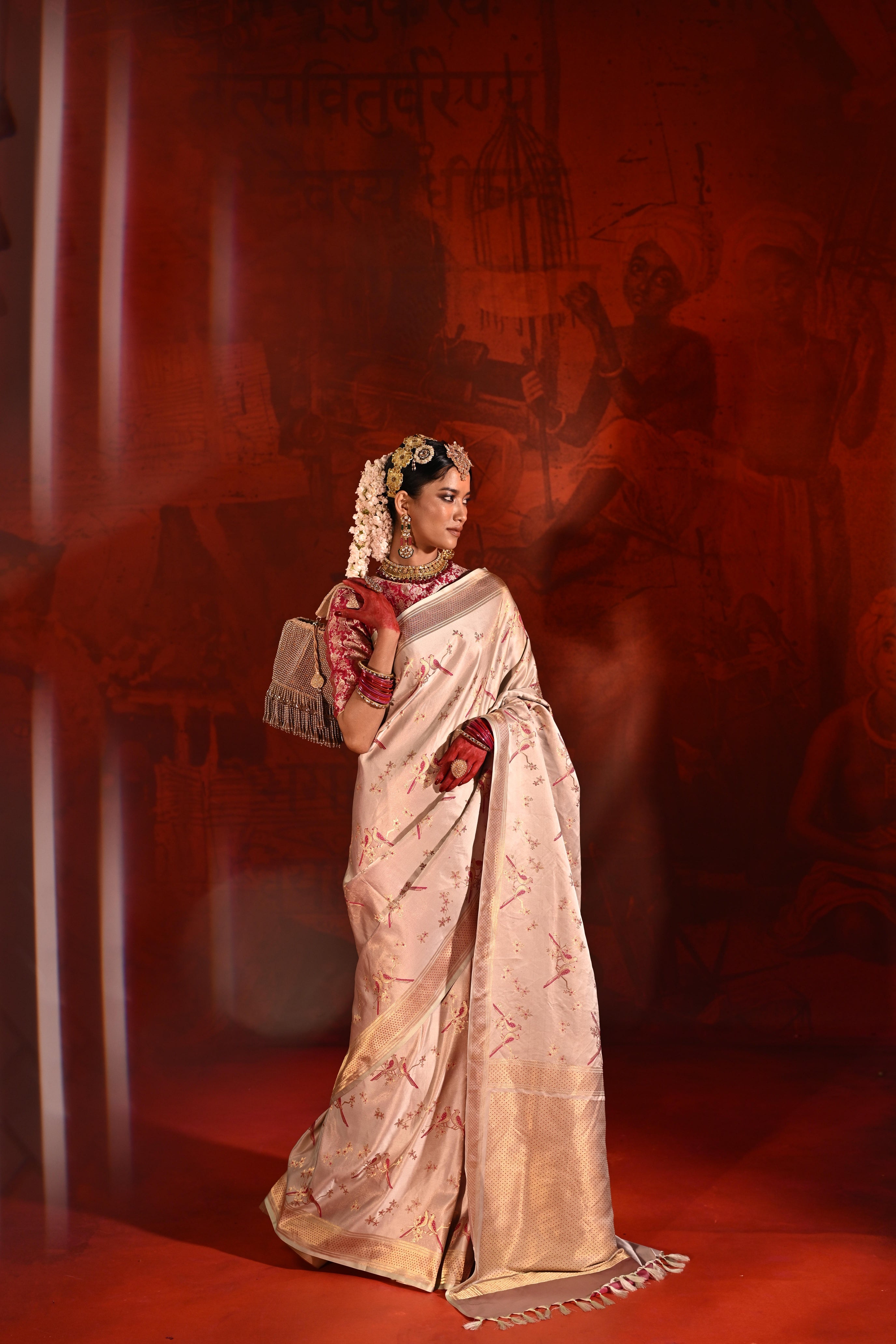 Beige Satin Silk Saree with Pink Meena Motifs & Zari Border