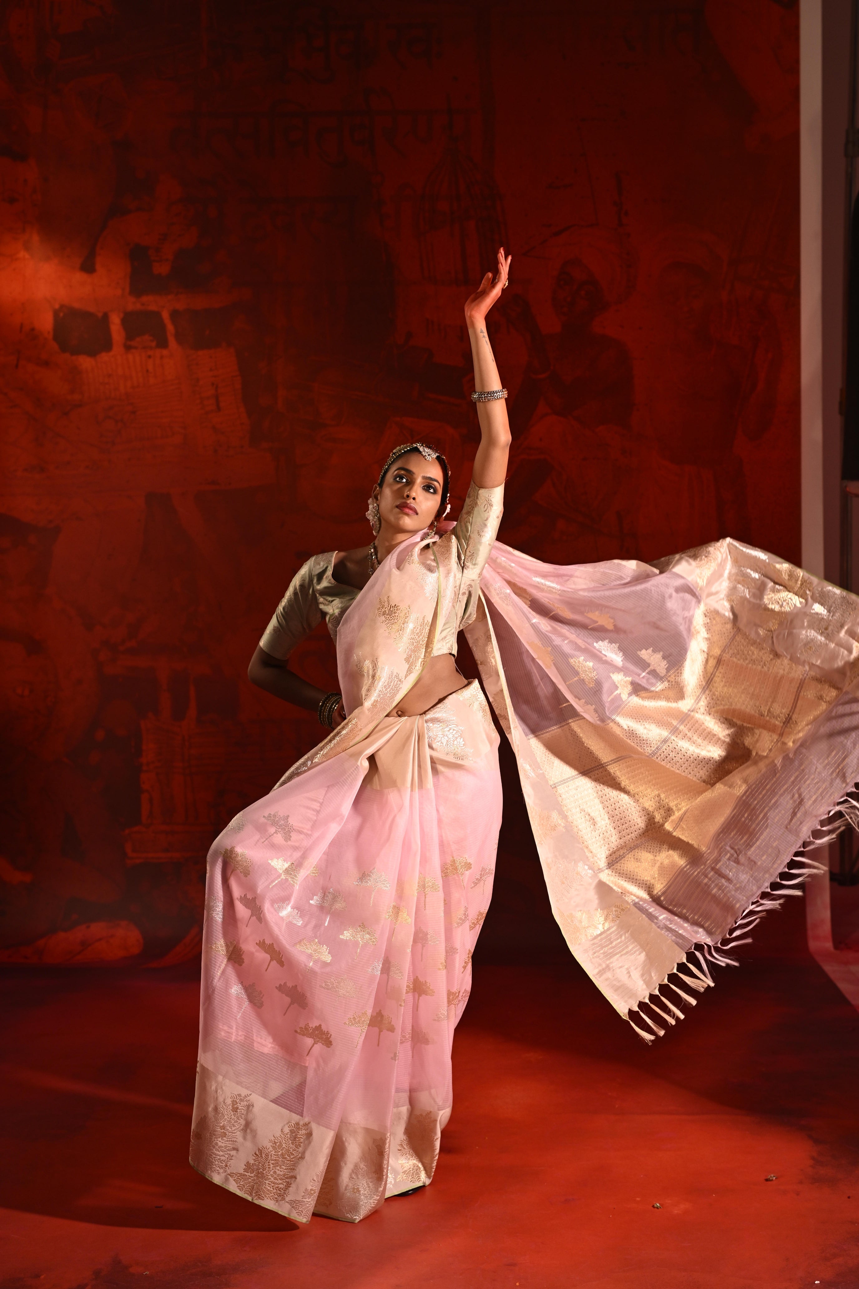 Rose Pink Kora Silk Saree with Zari Butta & Silk Motif Border