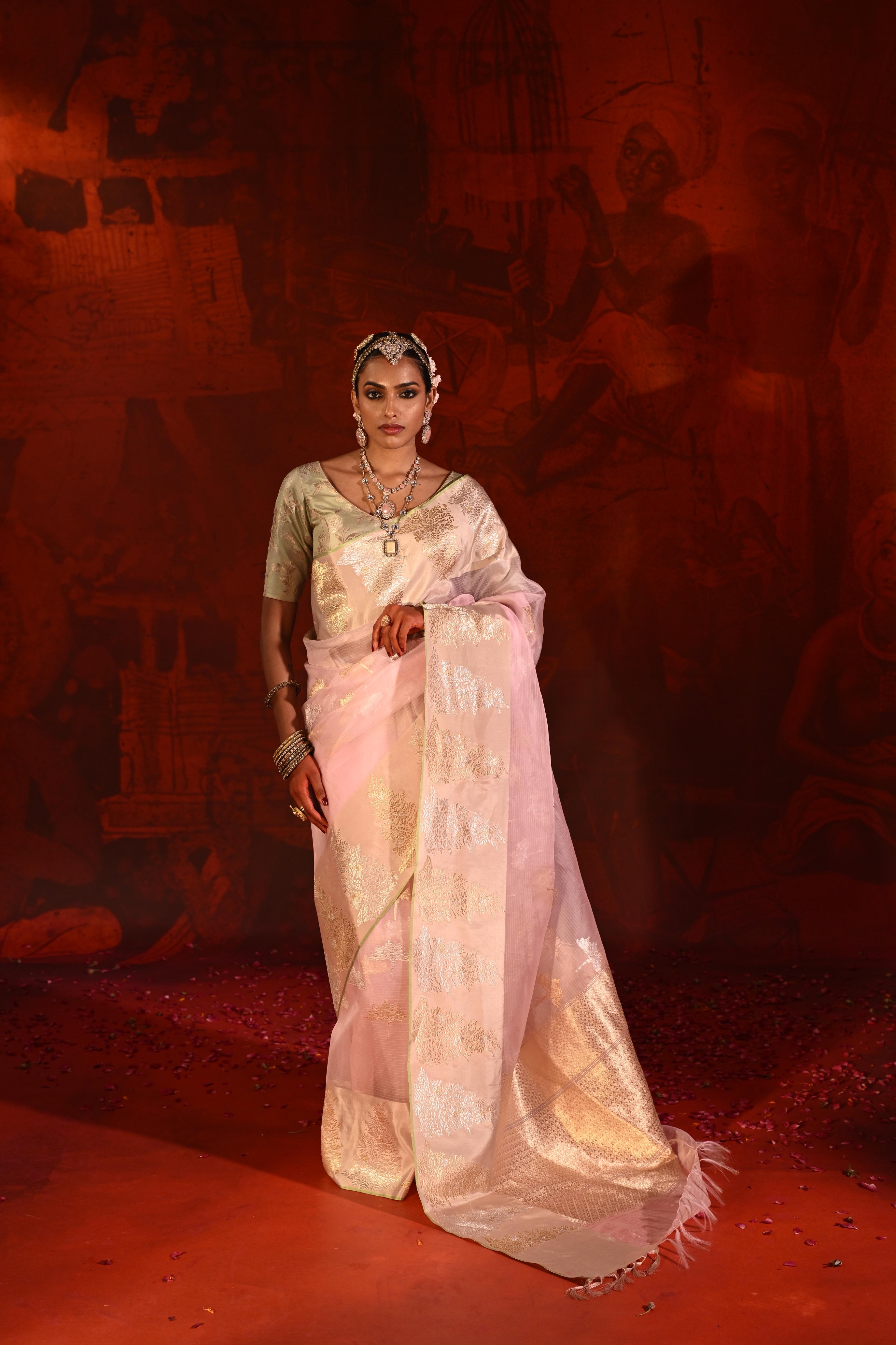 Rose Pink Kora Silk Saree with Zari Butta & Silk Motif Border