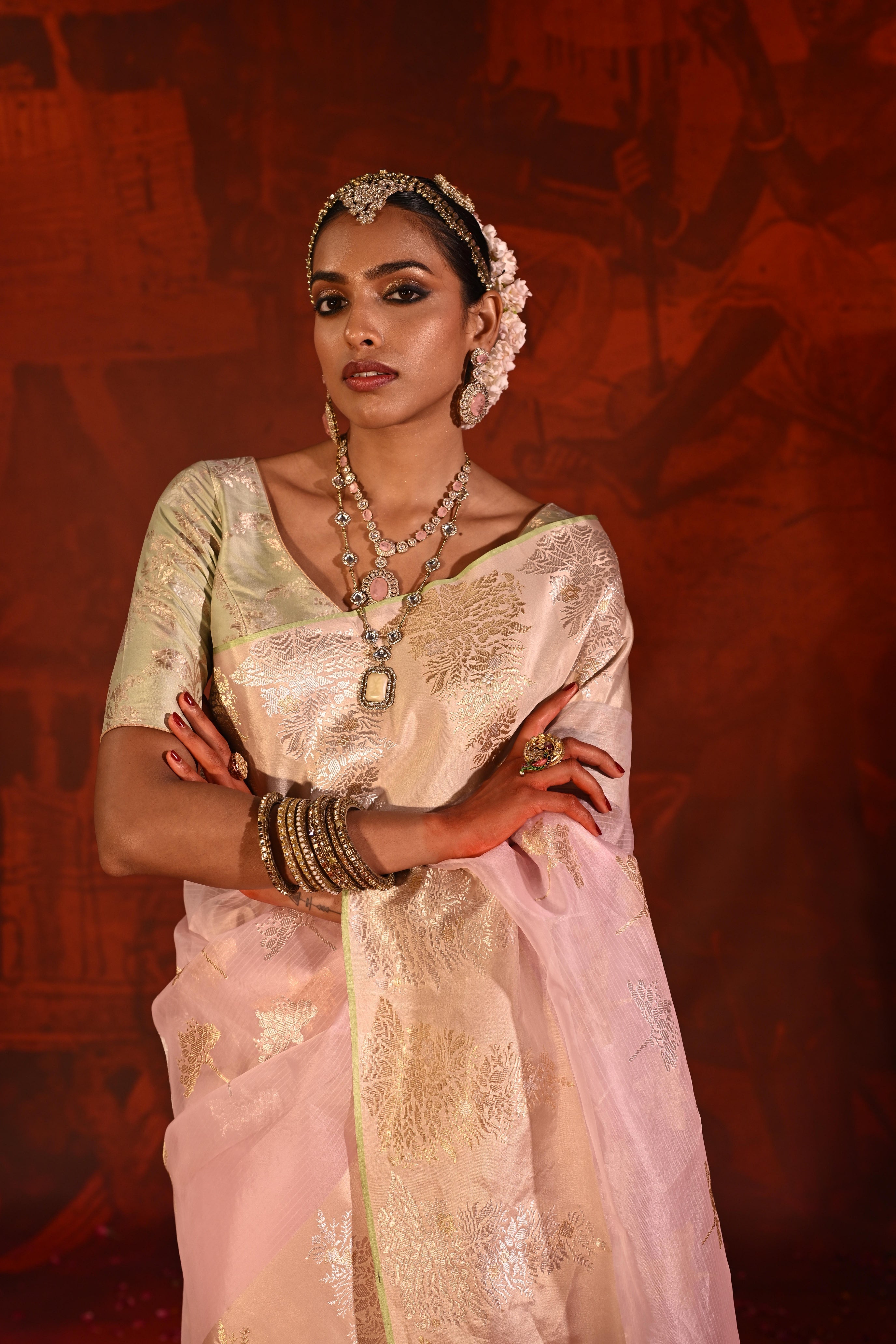 Rose Pink Kora Silk Saree with Zari Butta & Silk Motif Border