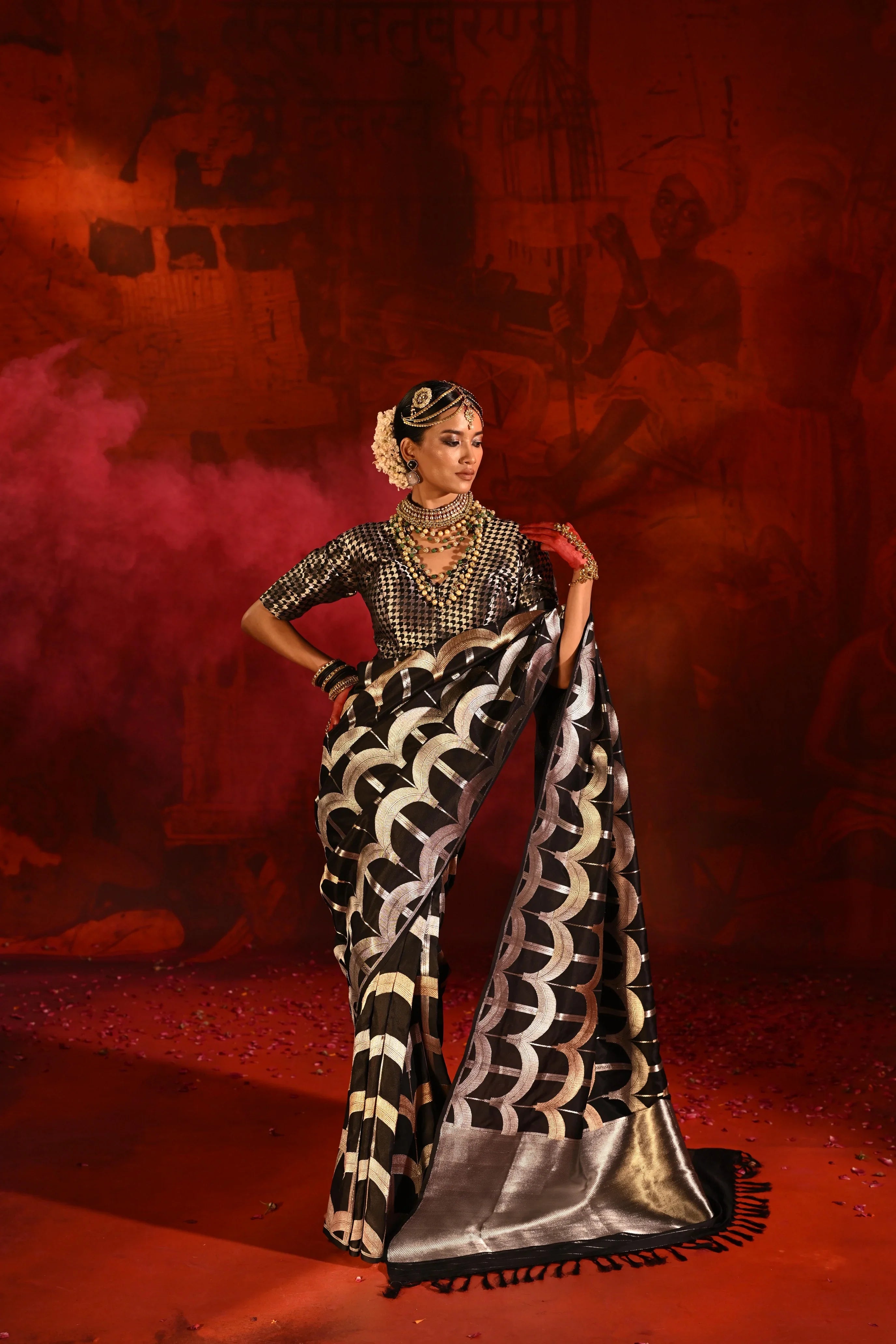 Black Banarasi Silk Saree with Golden-Silver Geometric Zari Weaving | Mokshaa