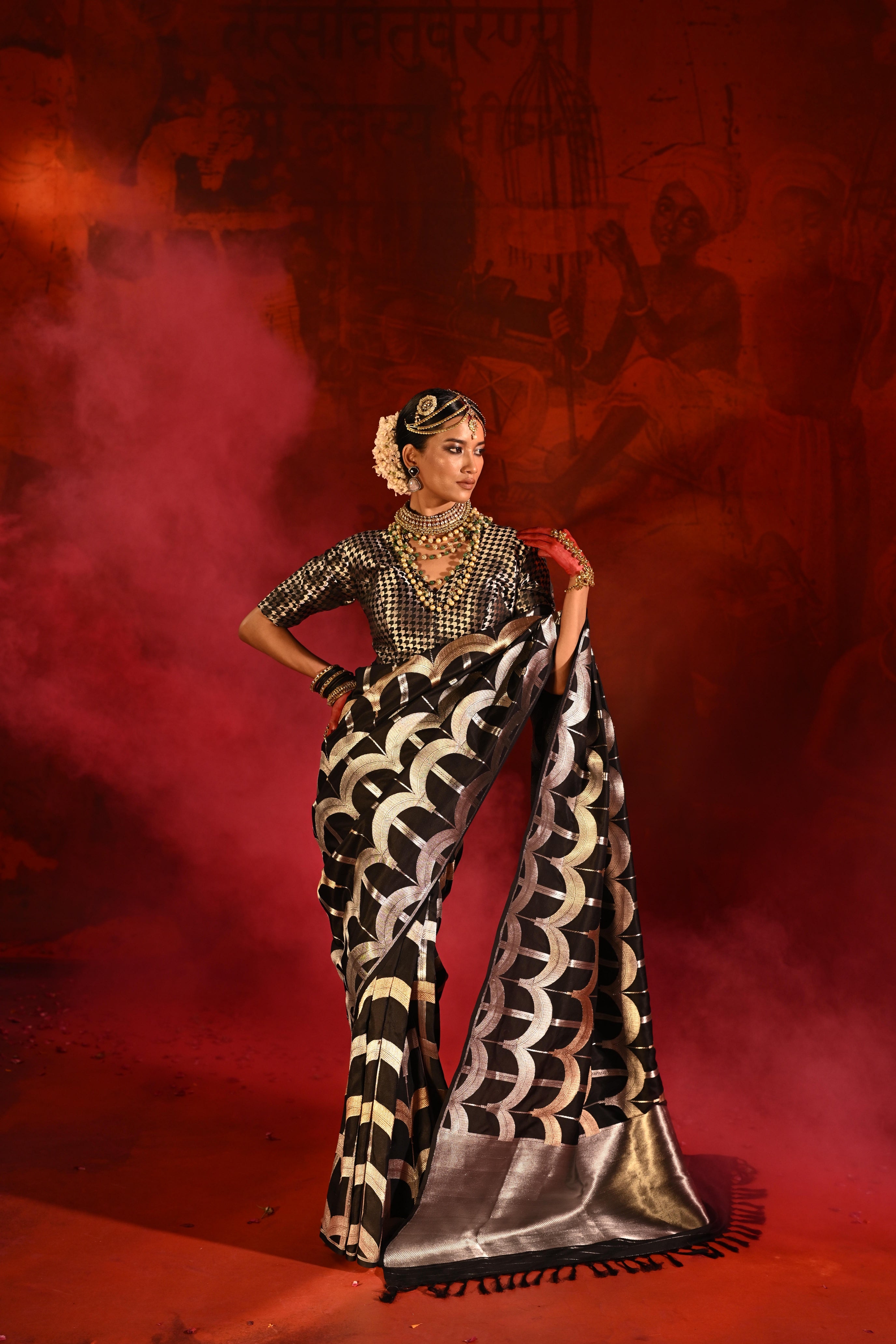 Black Banarasi Silk Saree with Golden-Silver Geometric Zari Weaving