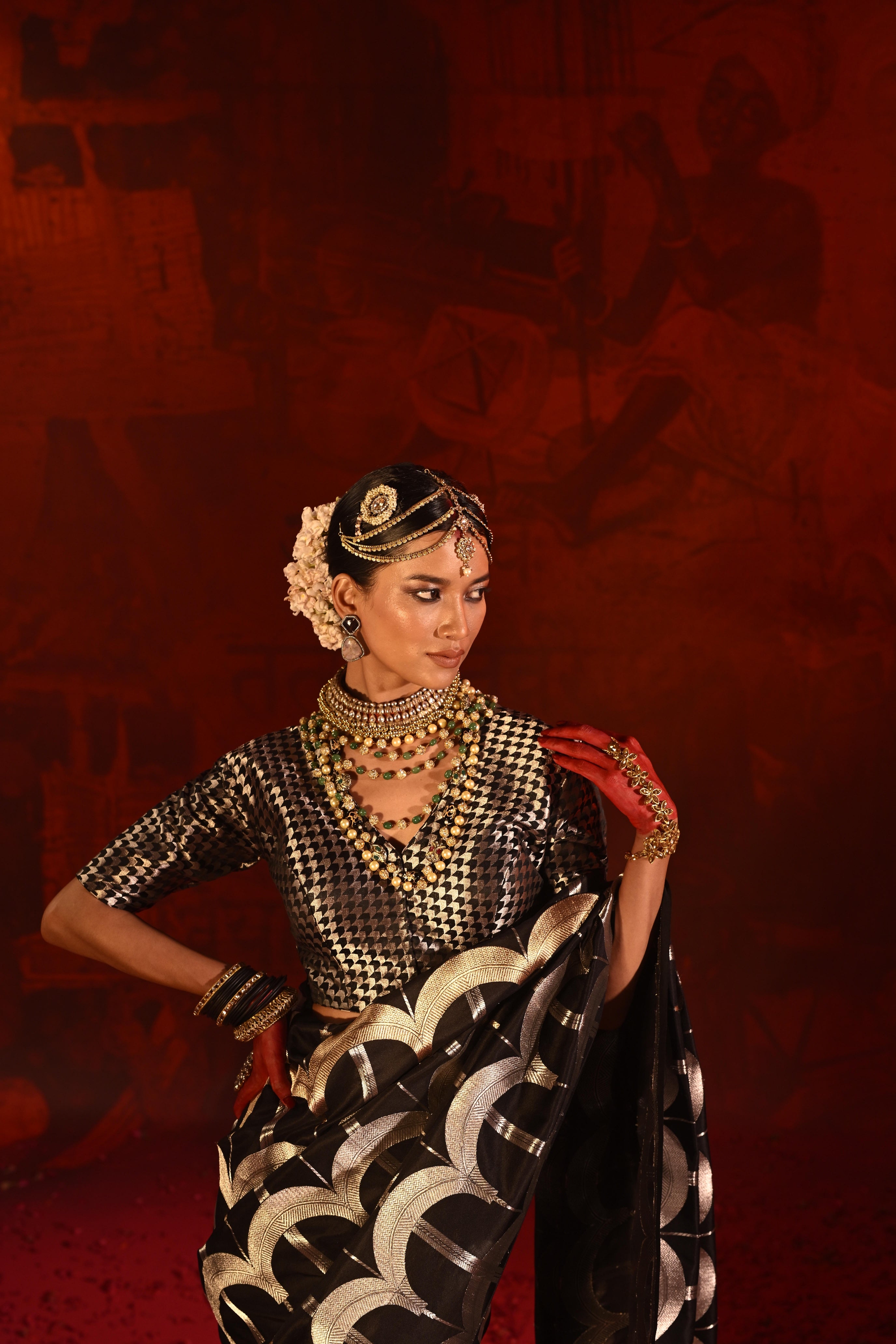 Black Banarasi Silk Saree with Golden-Silver Geometric Zari Weaving