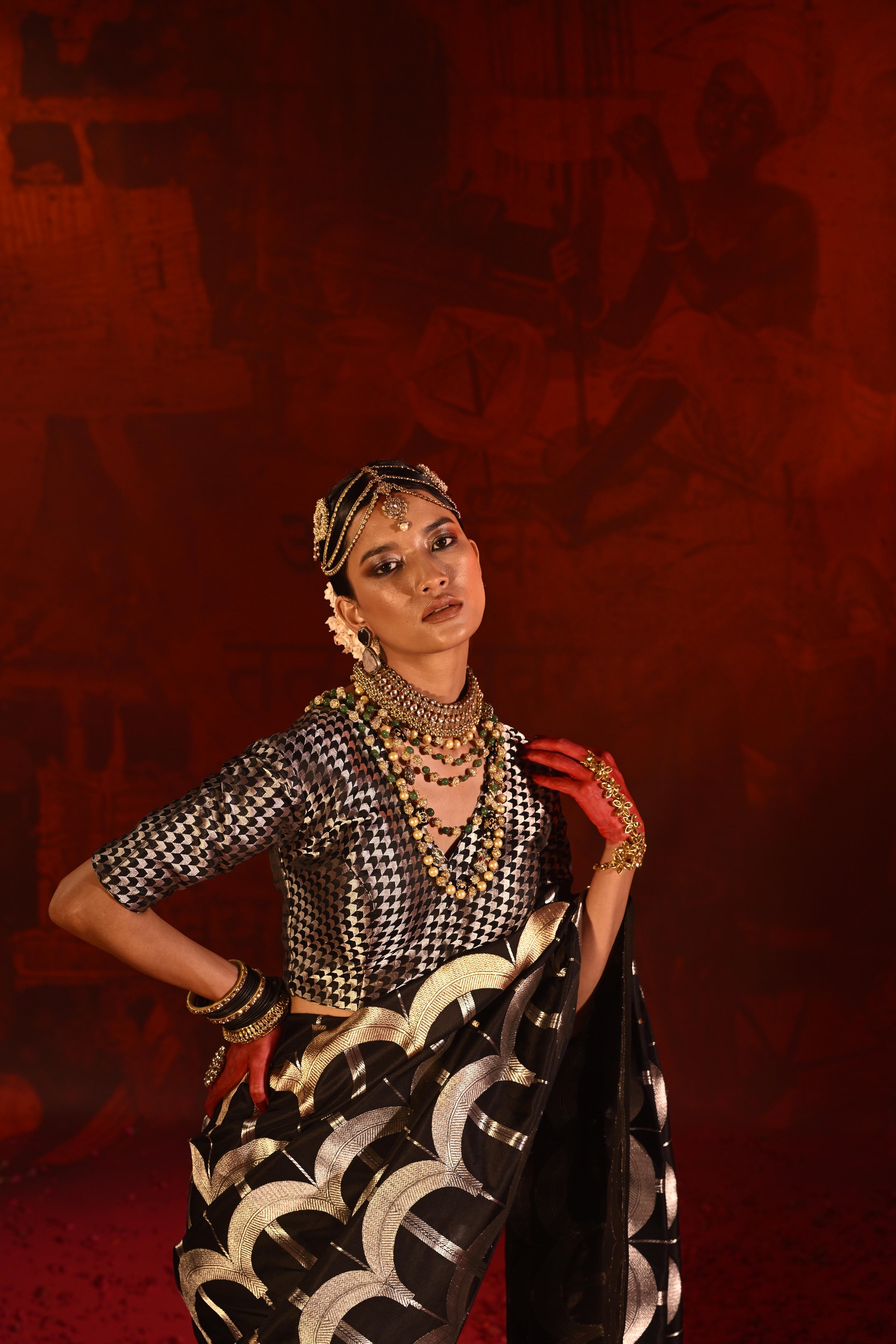 Black Banarasi Silk Saree with Golden-Silver Geometric Zari Weaving
