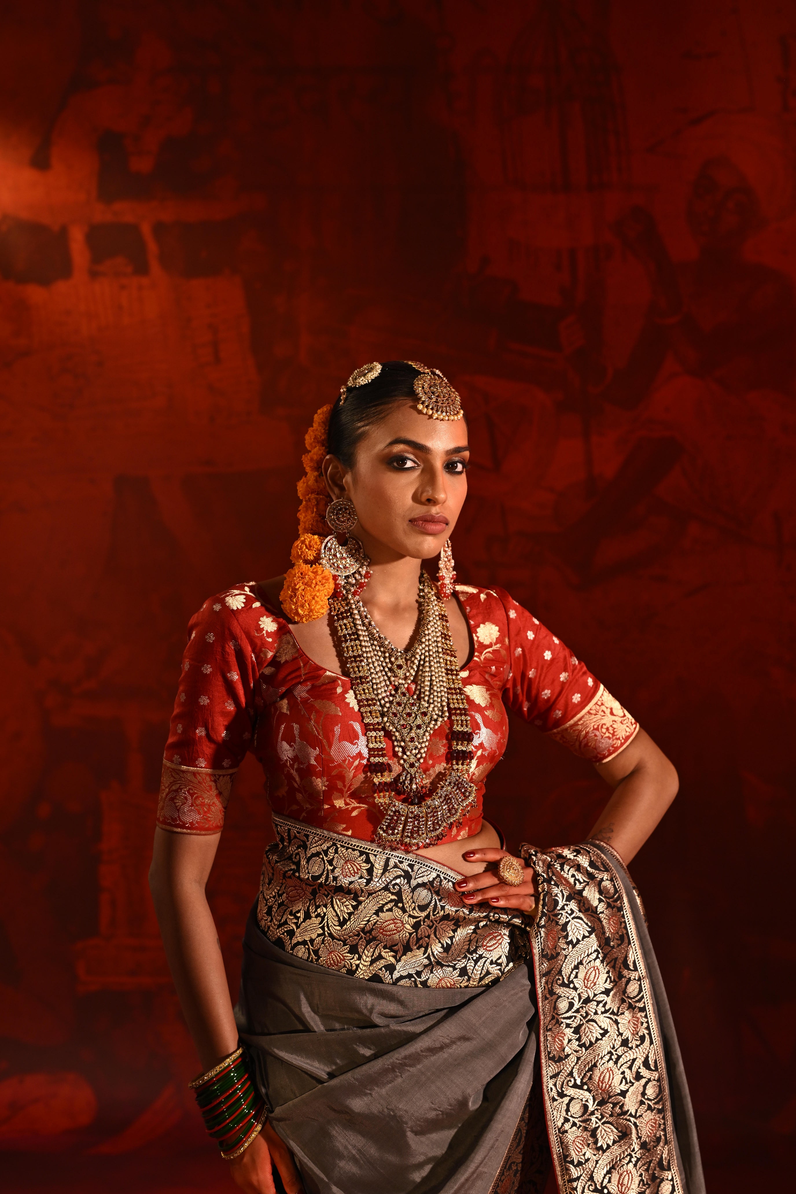 Grey Silk Saree with Contrast Black Zari Woven Border