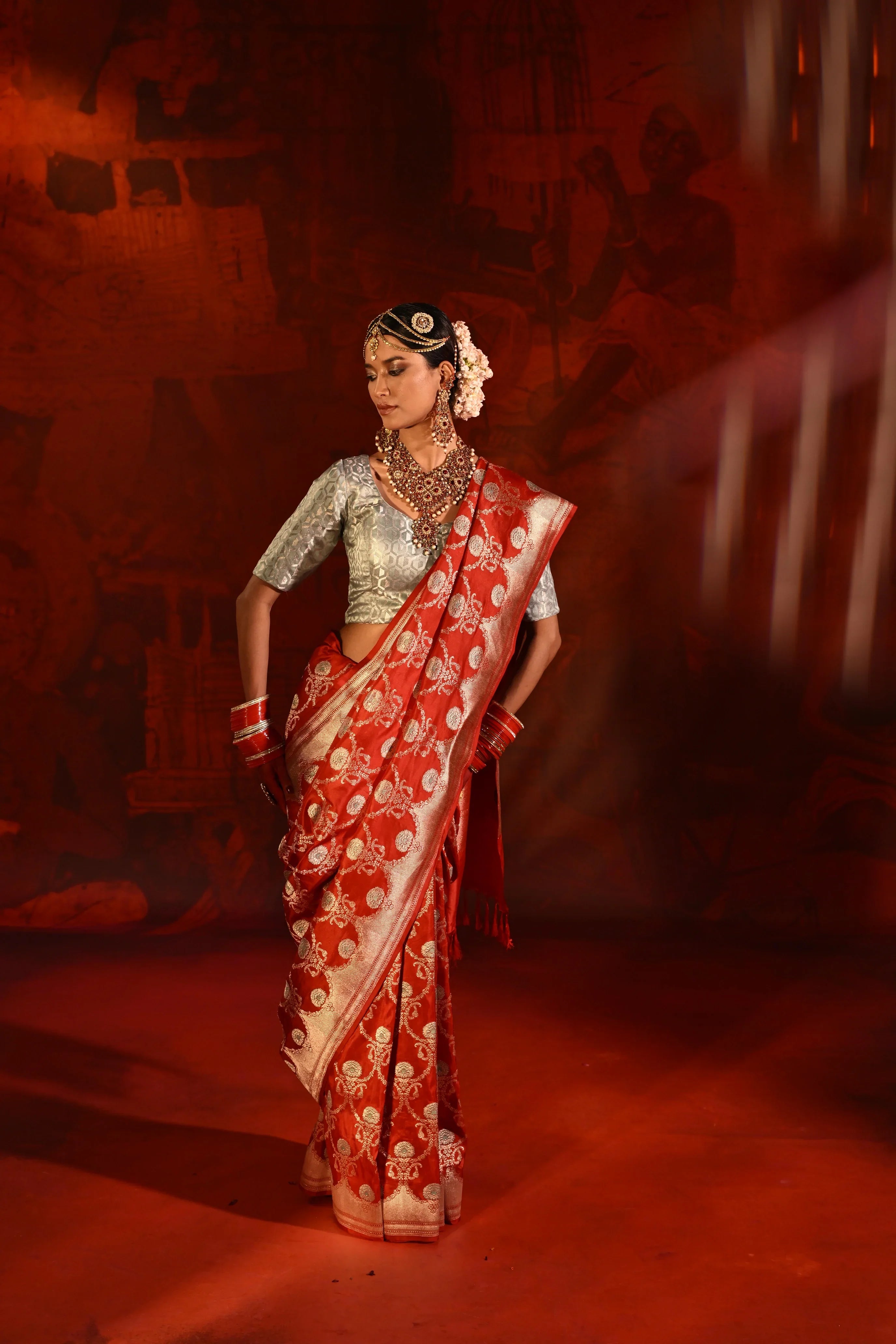 Red Banarasi Silk Saree with Zari & Meena Jaal Weaving | Mokshaa